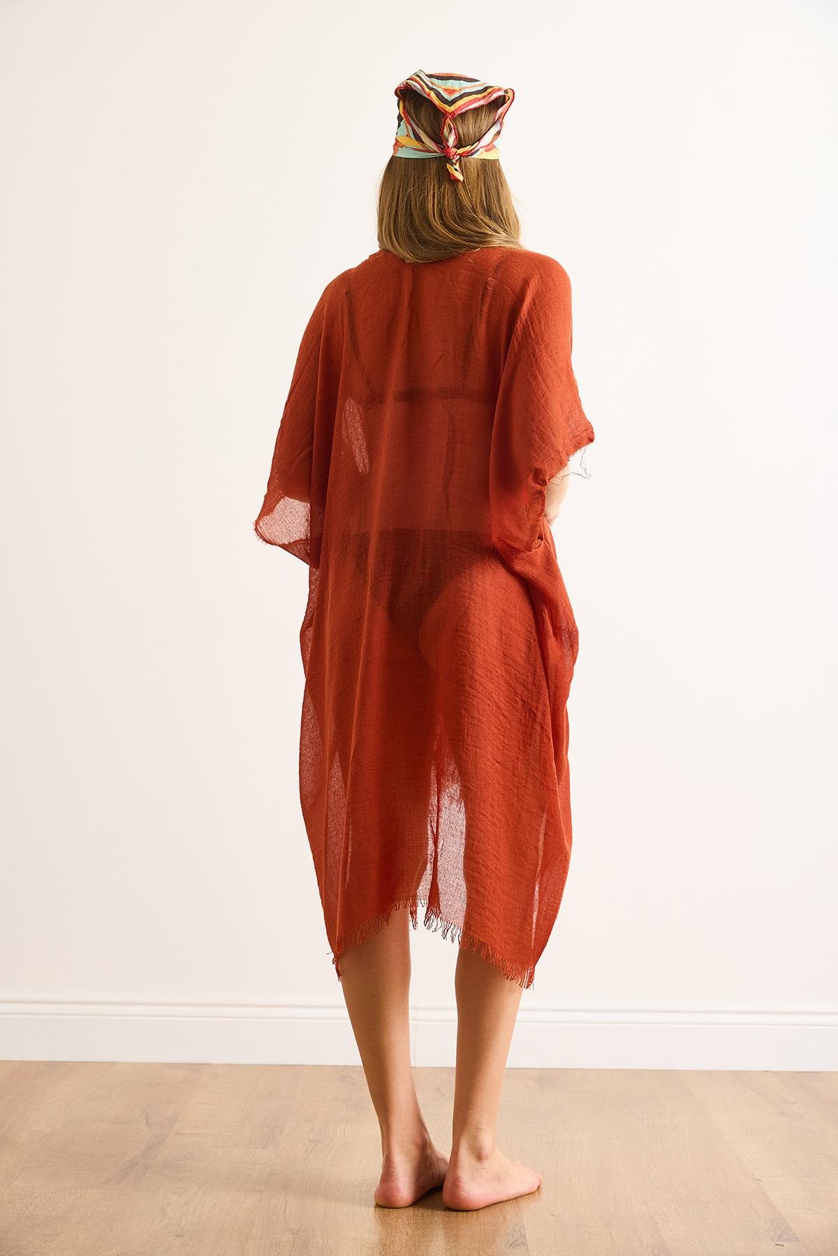 Yırtmaçlı Bağlamalı Pareo Kimono Kiremit