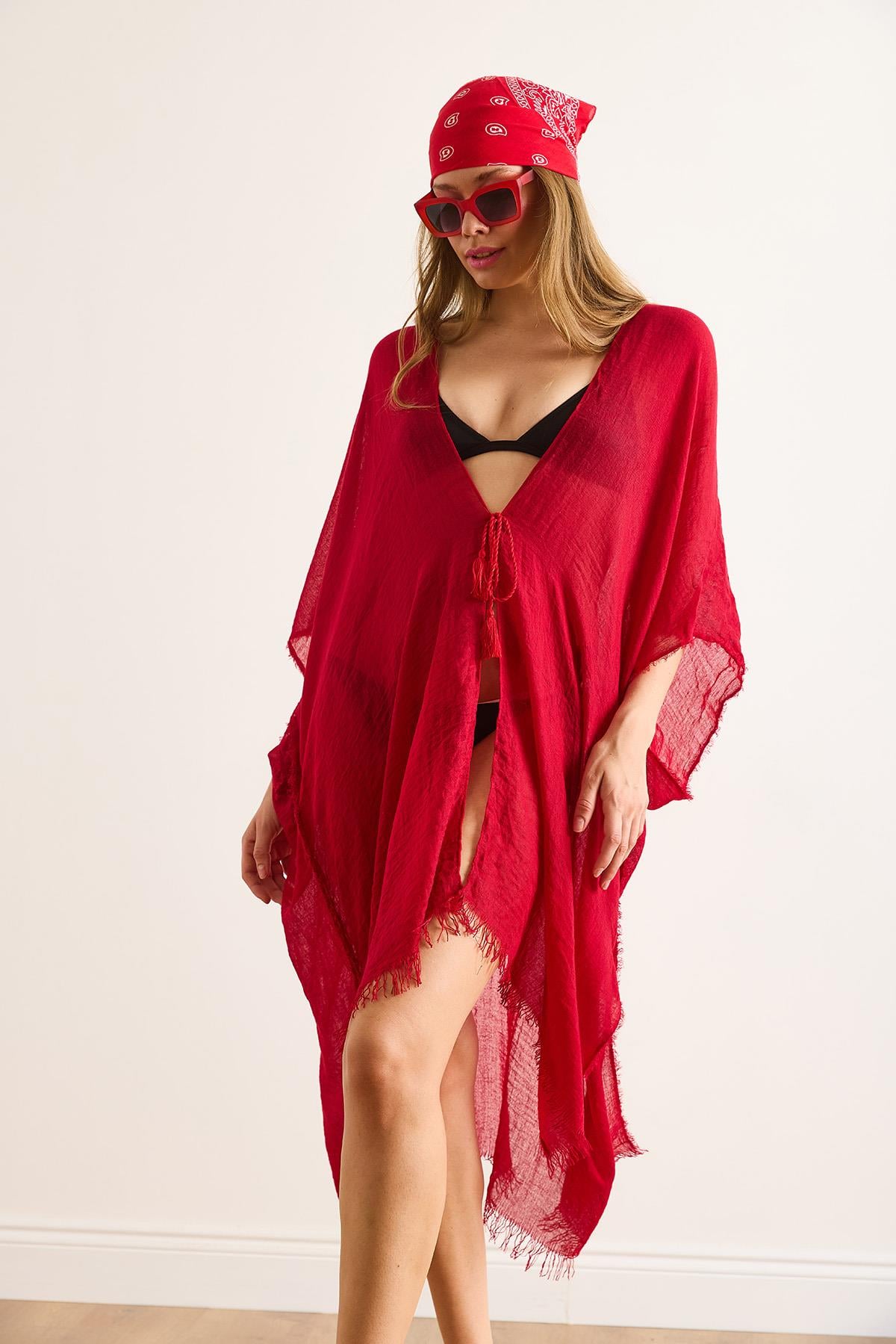 Yırtmaçlı Bağlamalı Pareo Kimono Kırmızı