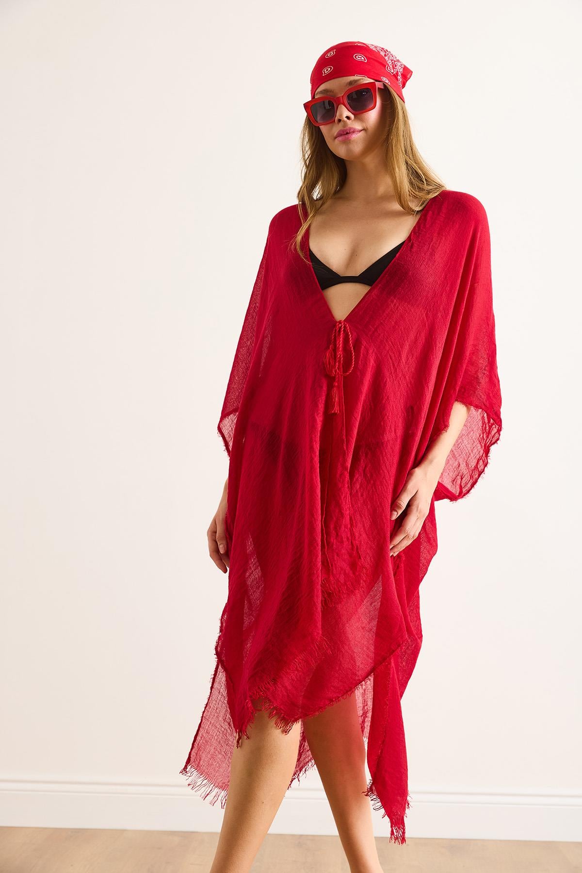 Yırtmaçlı Bağlamalı Pareo Kimono Kırmızı