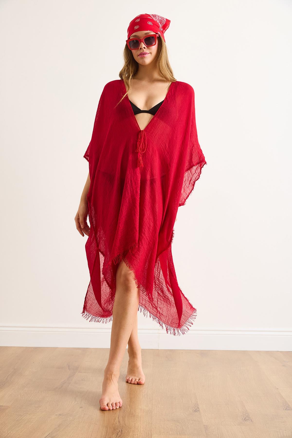 Yırtmaçlı Bağlamalı Pareo Kimono Kırmızı