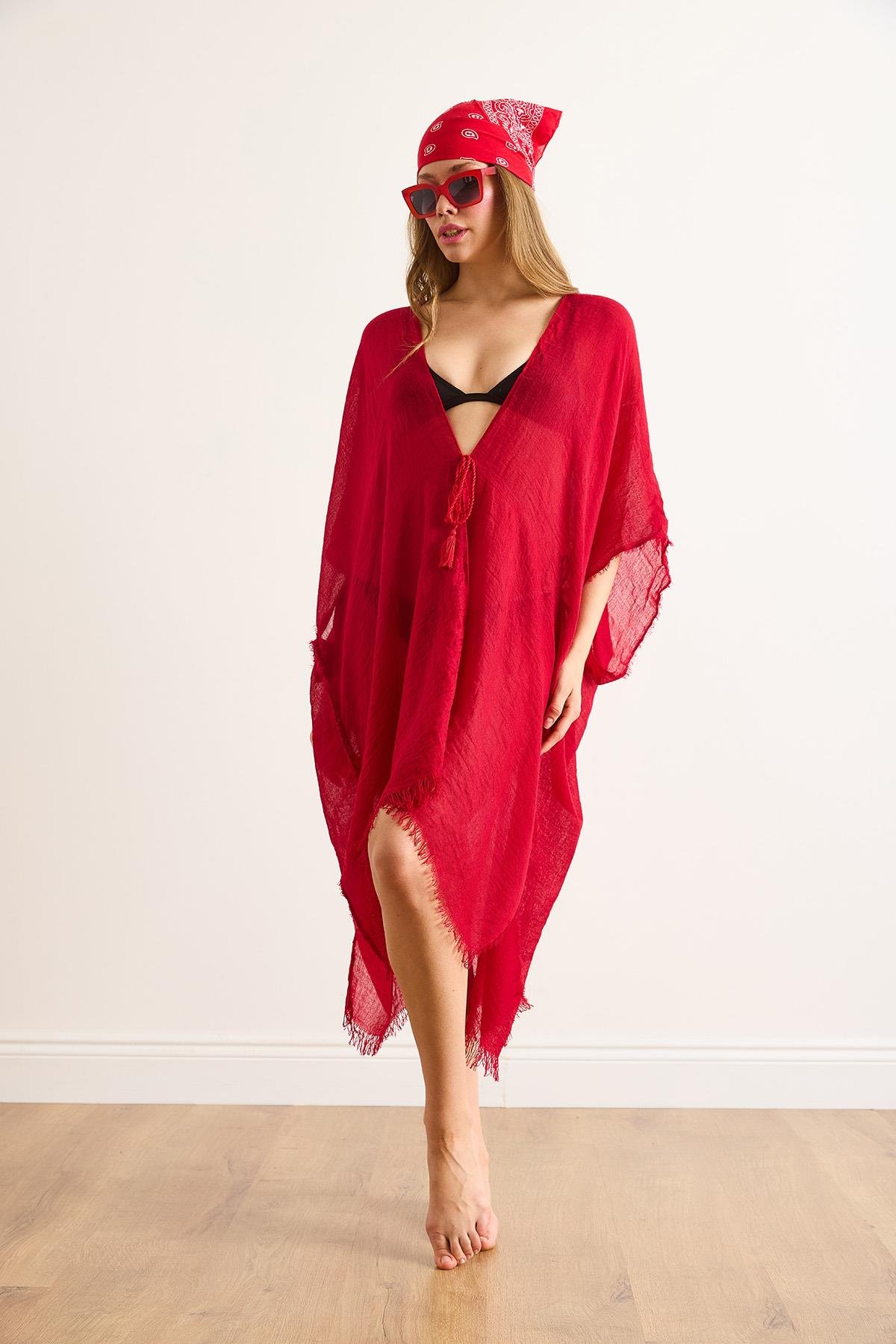 Yırtmaçlı Bağlamalı Pareo Kimono Kırmızı