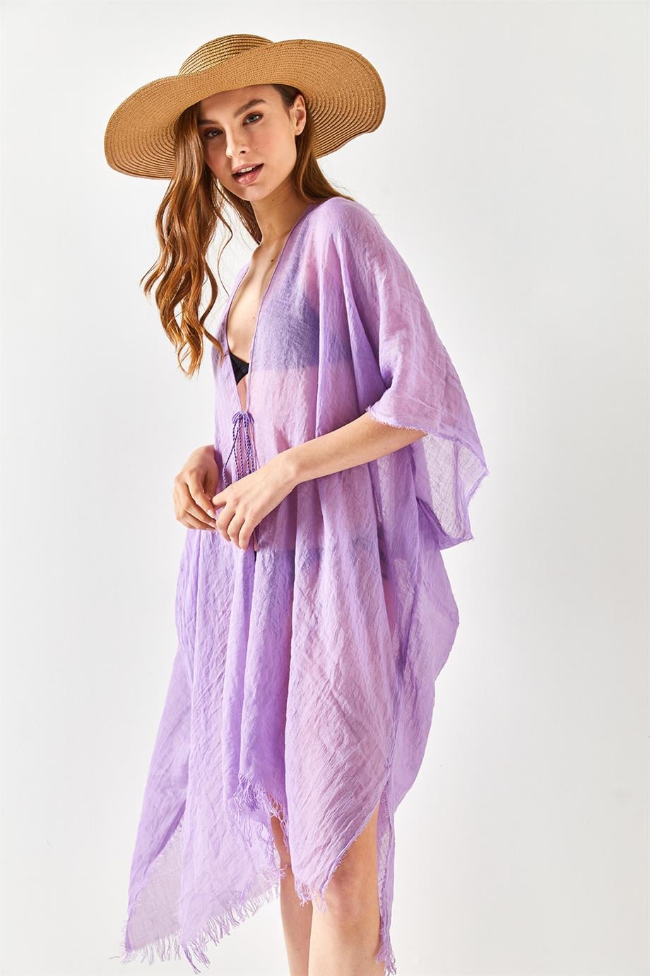 Yırtmaçlı Bağlamalı Pareo Kimono Lila