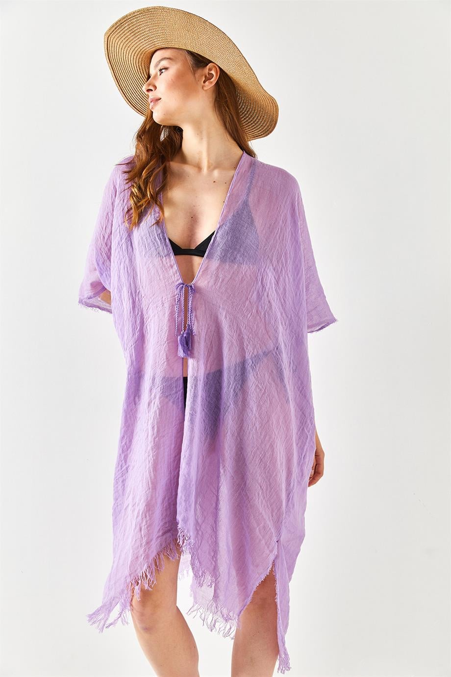 Yırtmaçlı Bağlamalı Pareo Kimono Lila