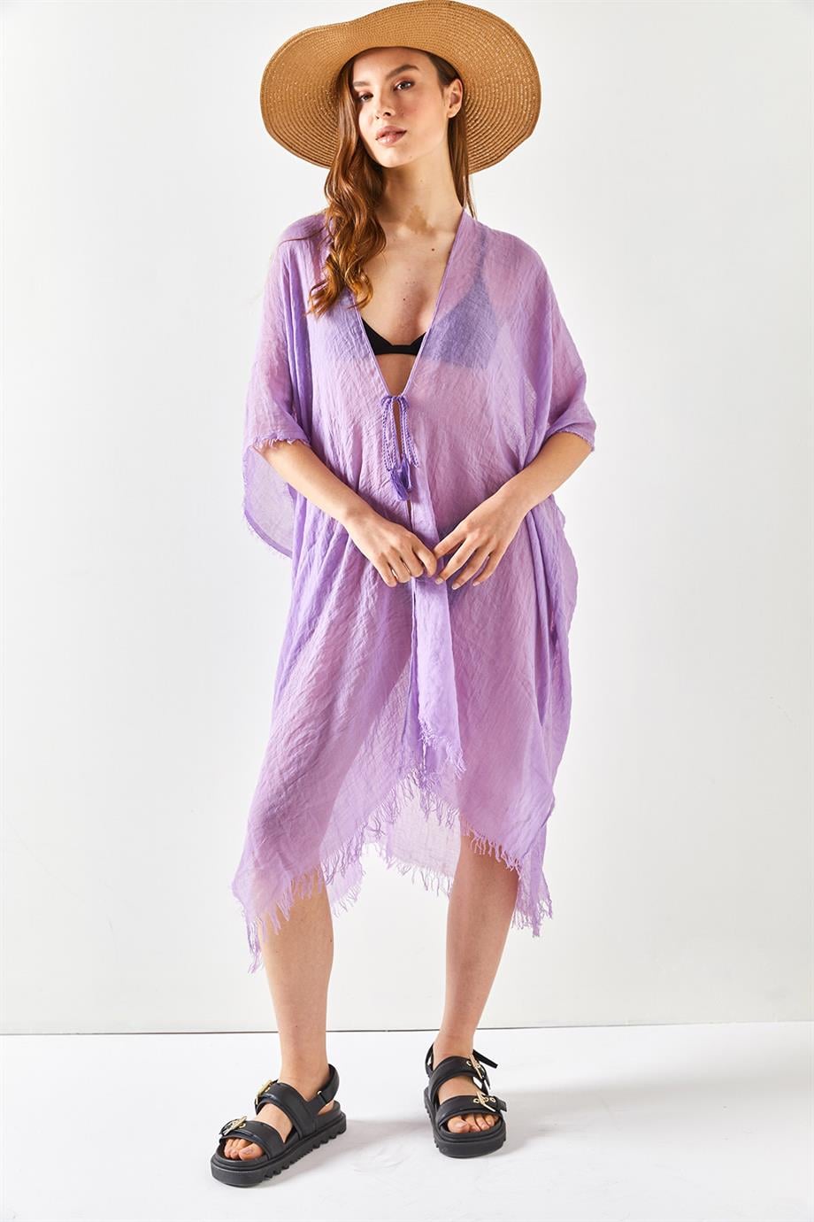 Yırtmaçlı Bağlamalı Pareo Kimono Lila