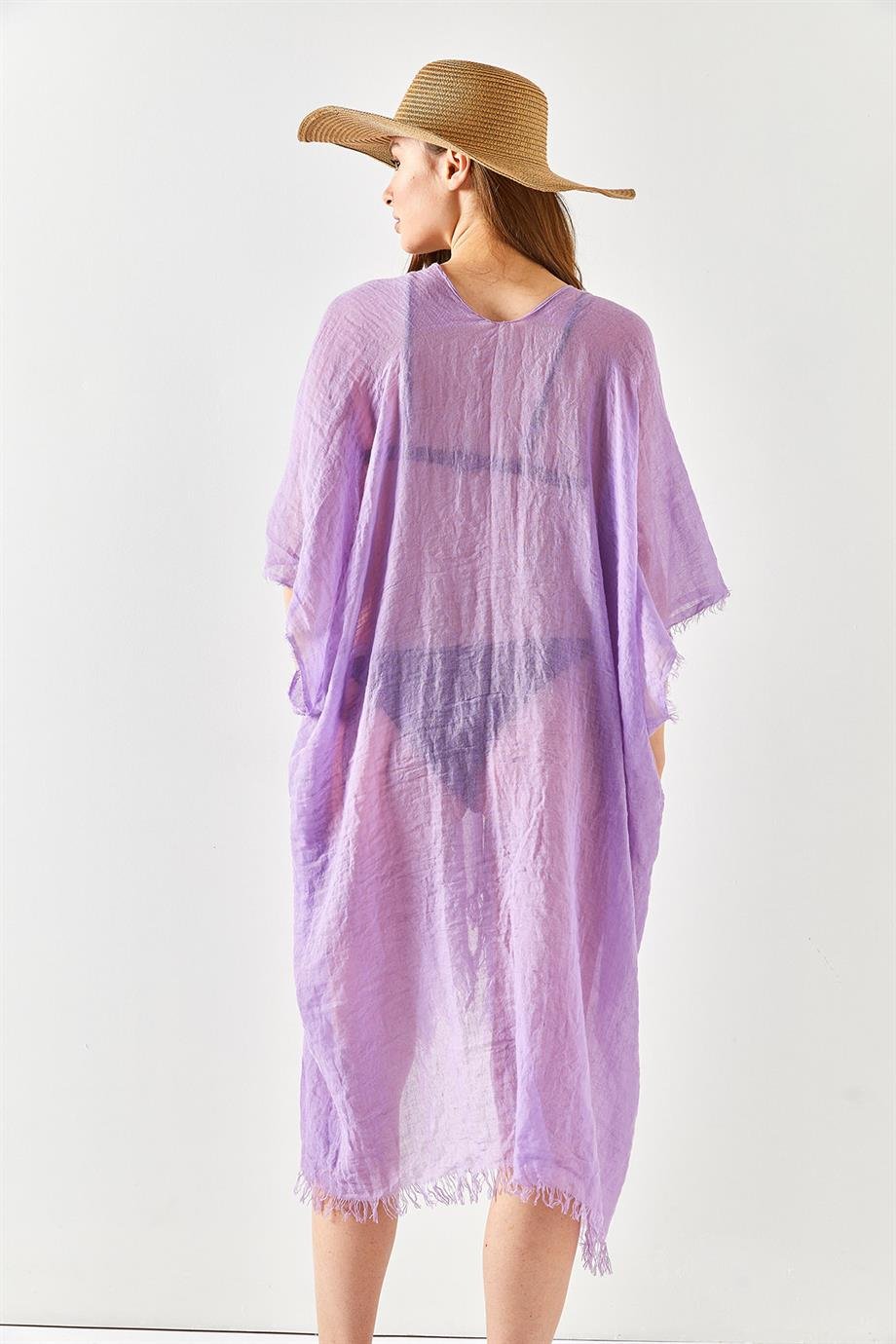 Yırtmaçlı Bağlamalı Pareo Kimono Lila