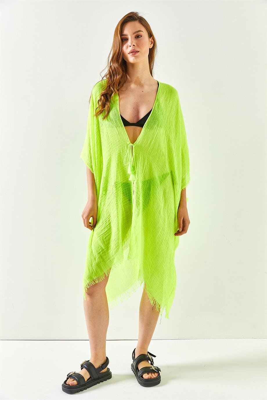 Yırtmaçlı Bağlamalı Pareo Kimono Neon Yeşil
