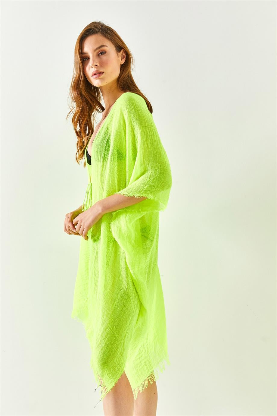 Yırtmaçlı Bağlamalı Pareo Kimono Neon Yeşil