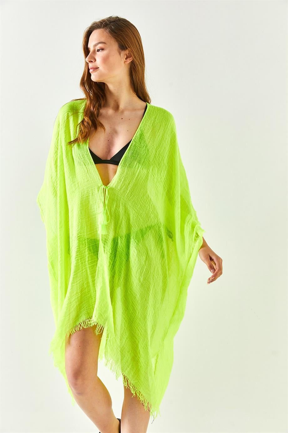 Yırtmaçlı Bağlamalı Pareo Kimono Neon Yeşil
