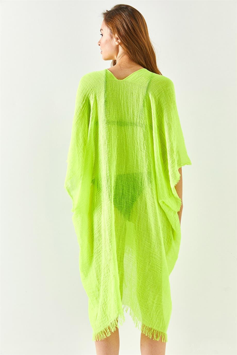 Yırtmaçlı Bağlamalı Pareo Kimono Neon Yeşil