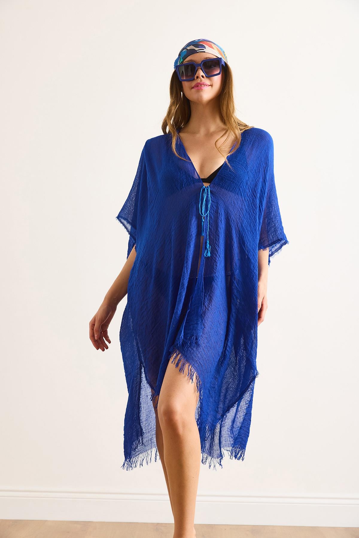 Yırtmaçlı Bağlamalı Pareo Kimono Saks Mavi