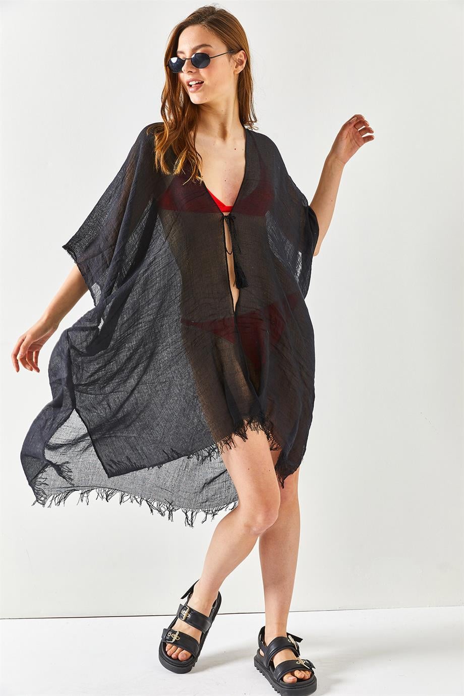 Yırtmaçlı Bağlamalı Pareo Kimono Siyah