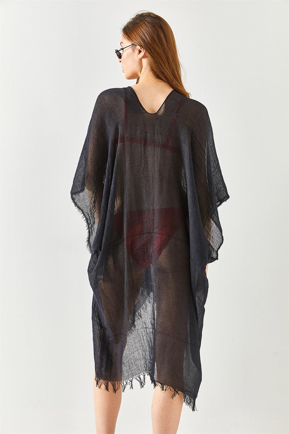Yırtmaçlı Bağlamalı Pareo Kimono Siyah