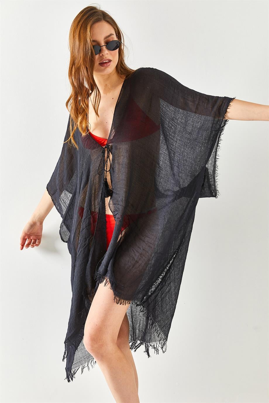 Yırtmaçlı Bağlamalı Pareo Kimono Siyah