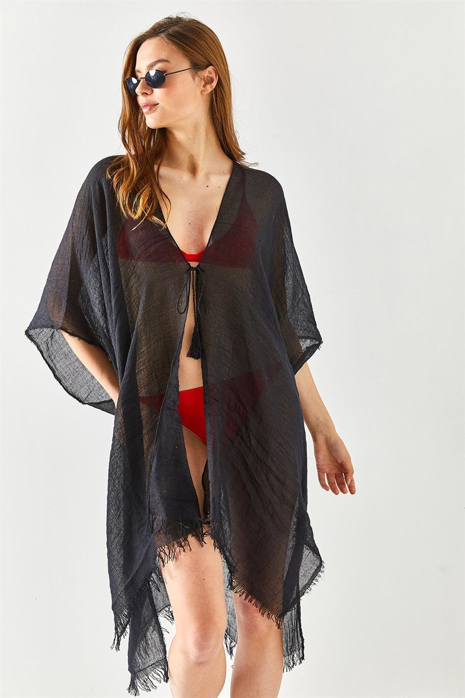 Yırtmaçlı Bağlamalı Pareo Kimono Siyah