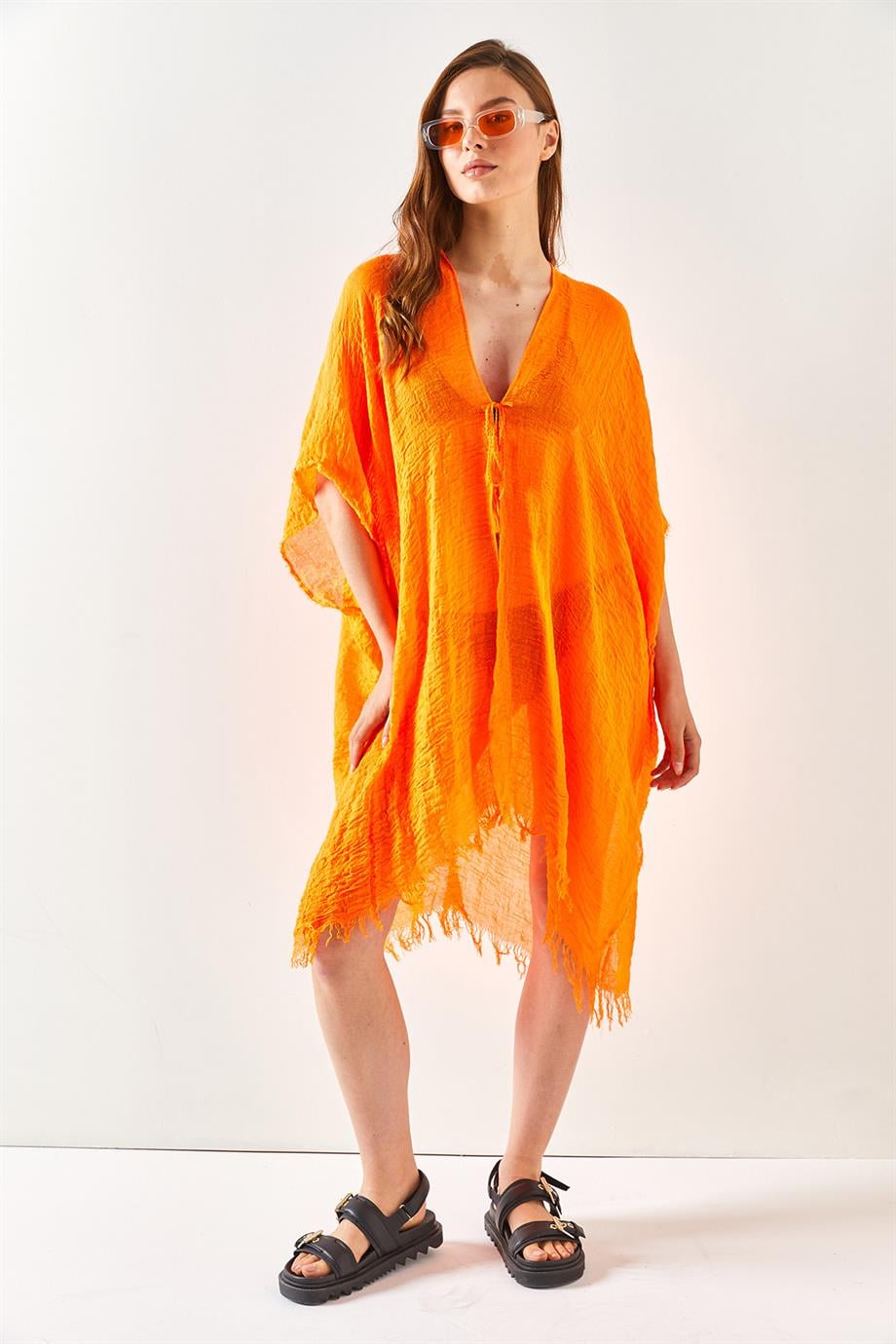 Yırtmaçlı Bağlamalı Pareo Kimono Turuncu