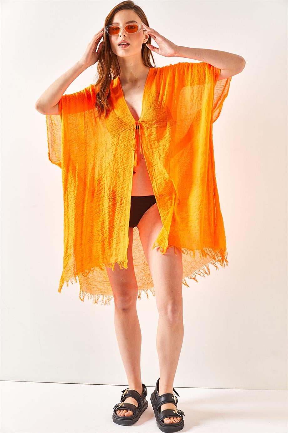 Yırtmaçlı Bağlamalı Pareo Kimono Turuncu