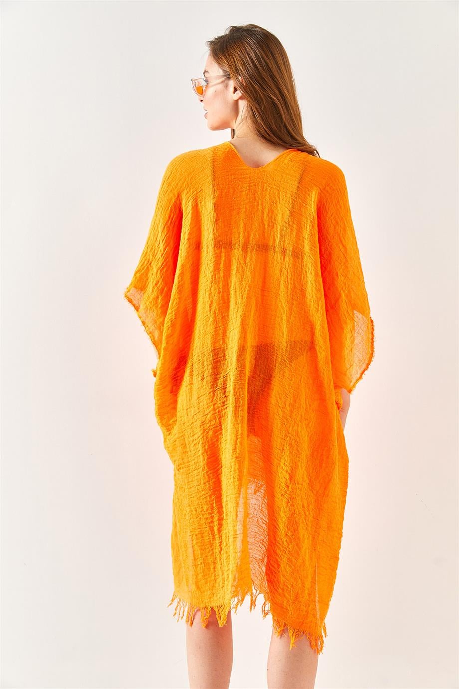 Yırtmaçlı Bağlamalı Pareo Kimono Turuncu