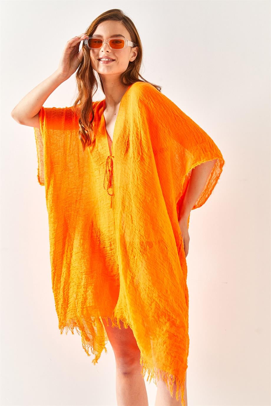 Yırtmaçlı Bağlamalı Pareo Kimono Turuncu