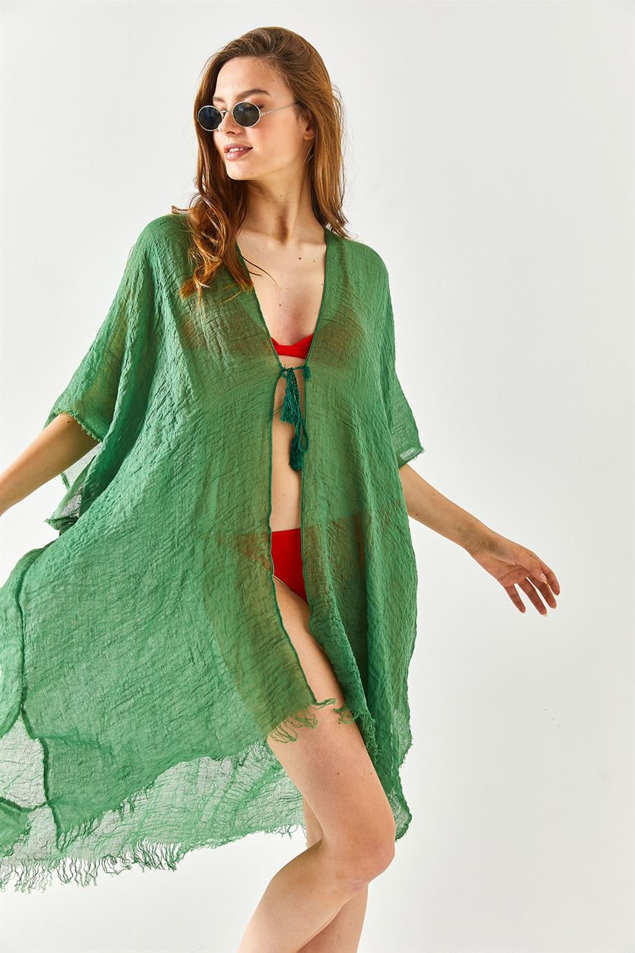 Yırtmaçlı Bağlamalı Pareo Kimono Yeşil