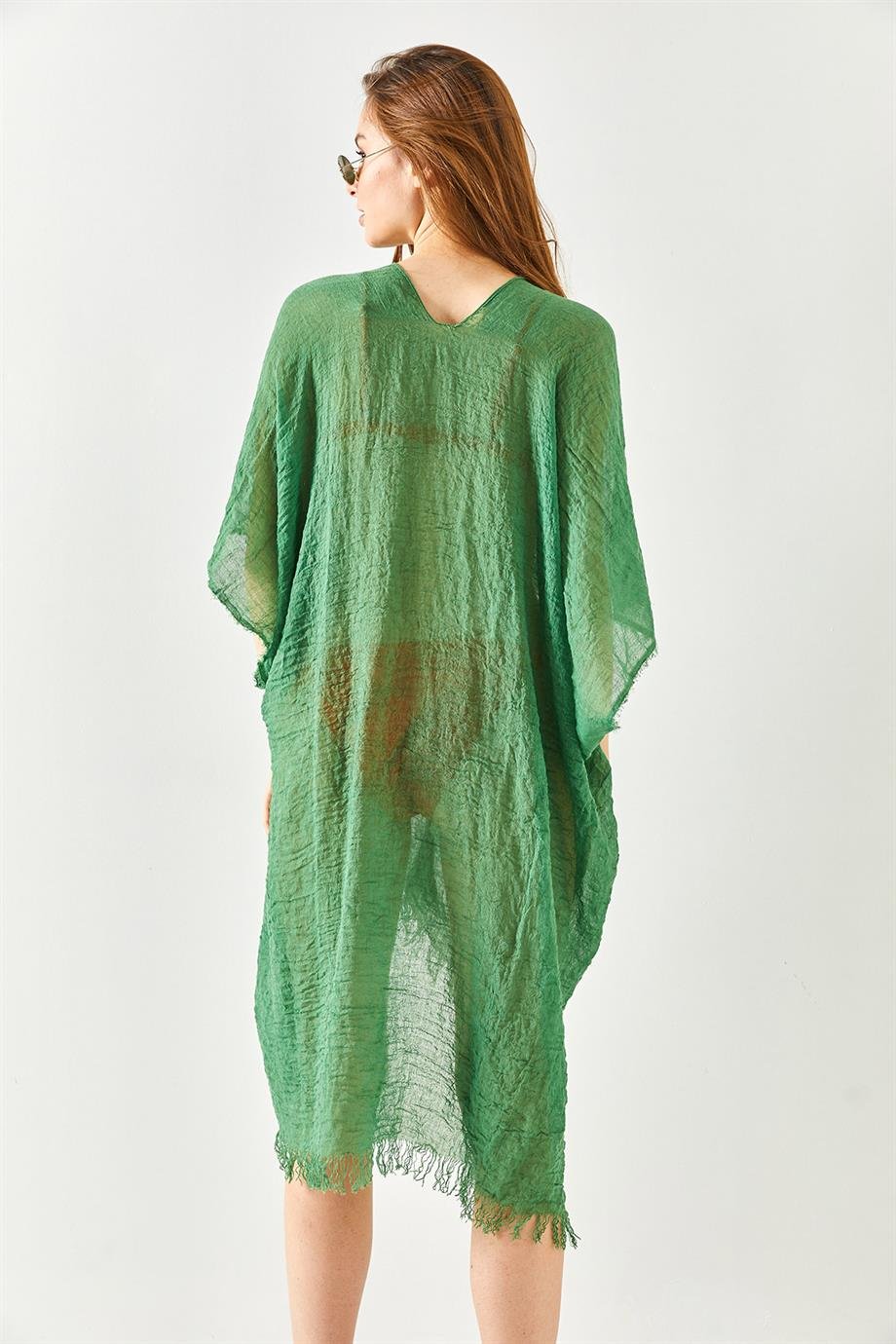 Yırtmaçlı Bağlamalı Pareo Kimono Yeşil