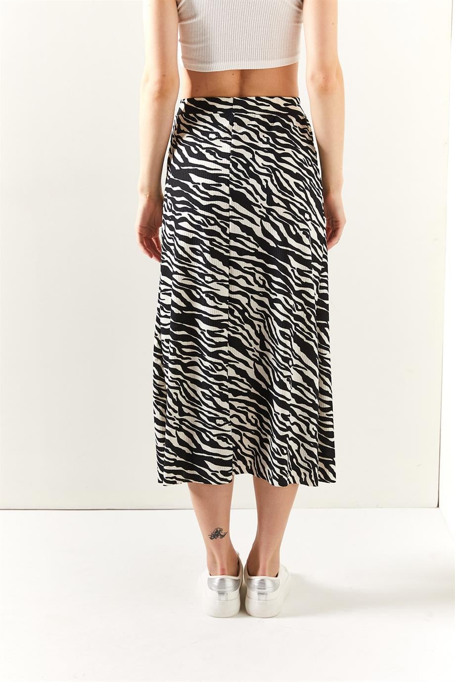 Yırtmaçlı Desenli Midi Etek Siyah Zebra
