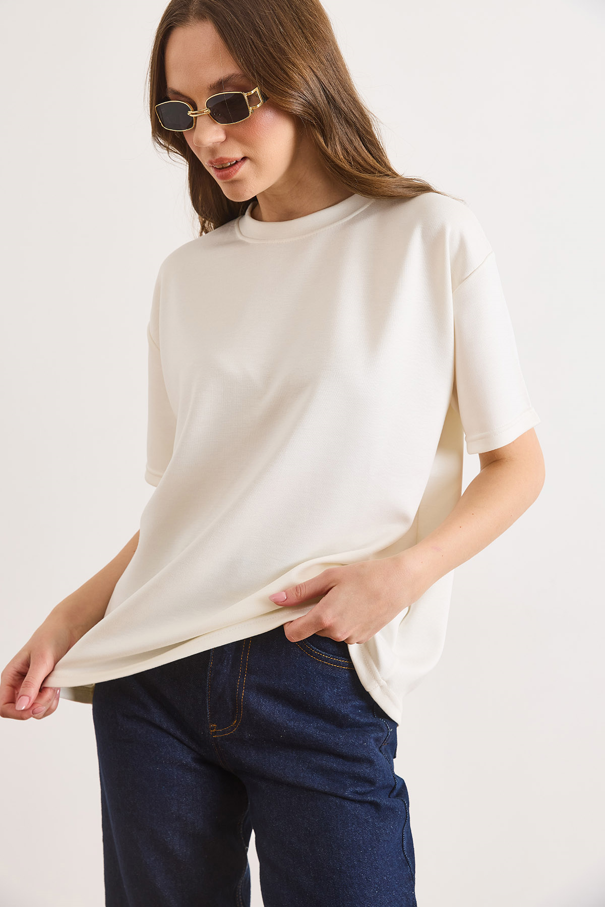 Yumuşak Dokulu Tok Loose Fit Tişört Beyaz