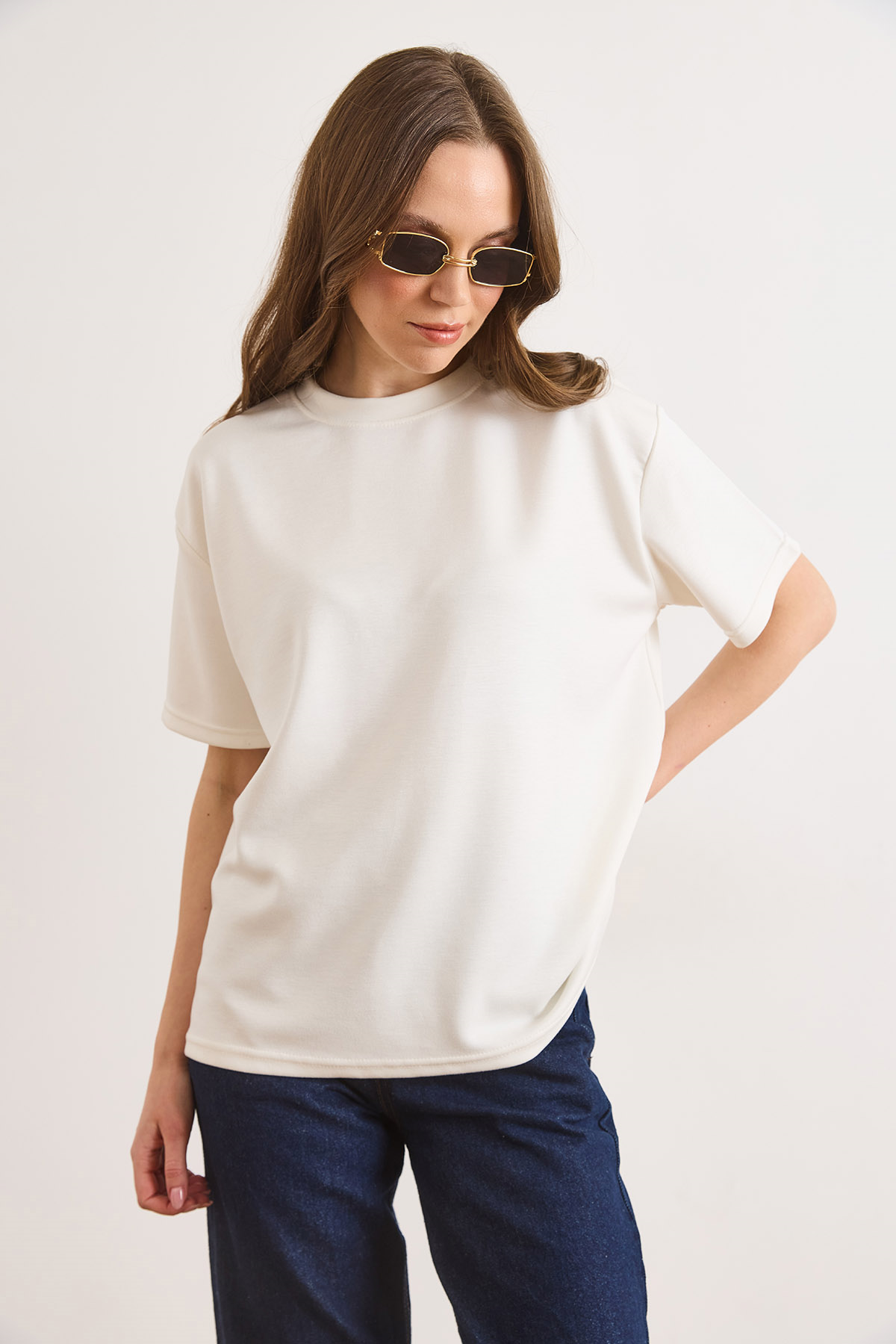 Yumuşak Dokulu Tok Loose Fit Tişört Beyaz