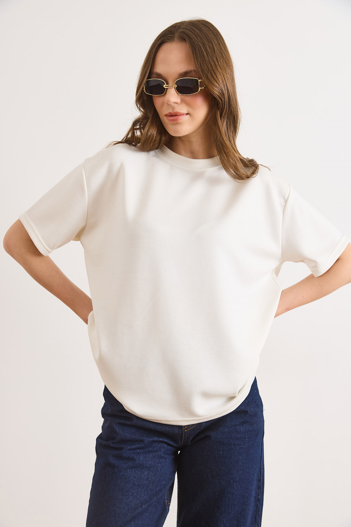 Yumuşak Dokulu Tok Loose Fit Tişört Beyaz