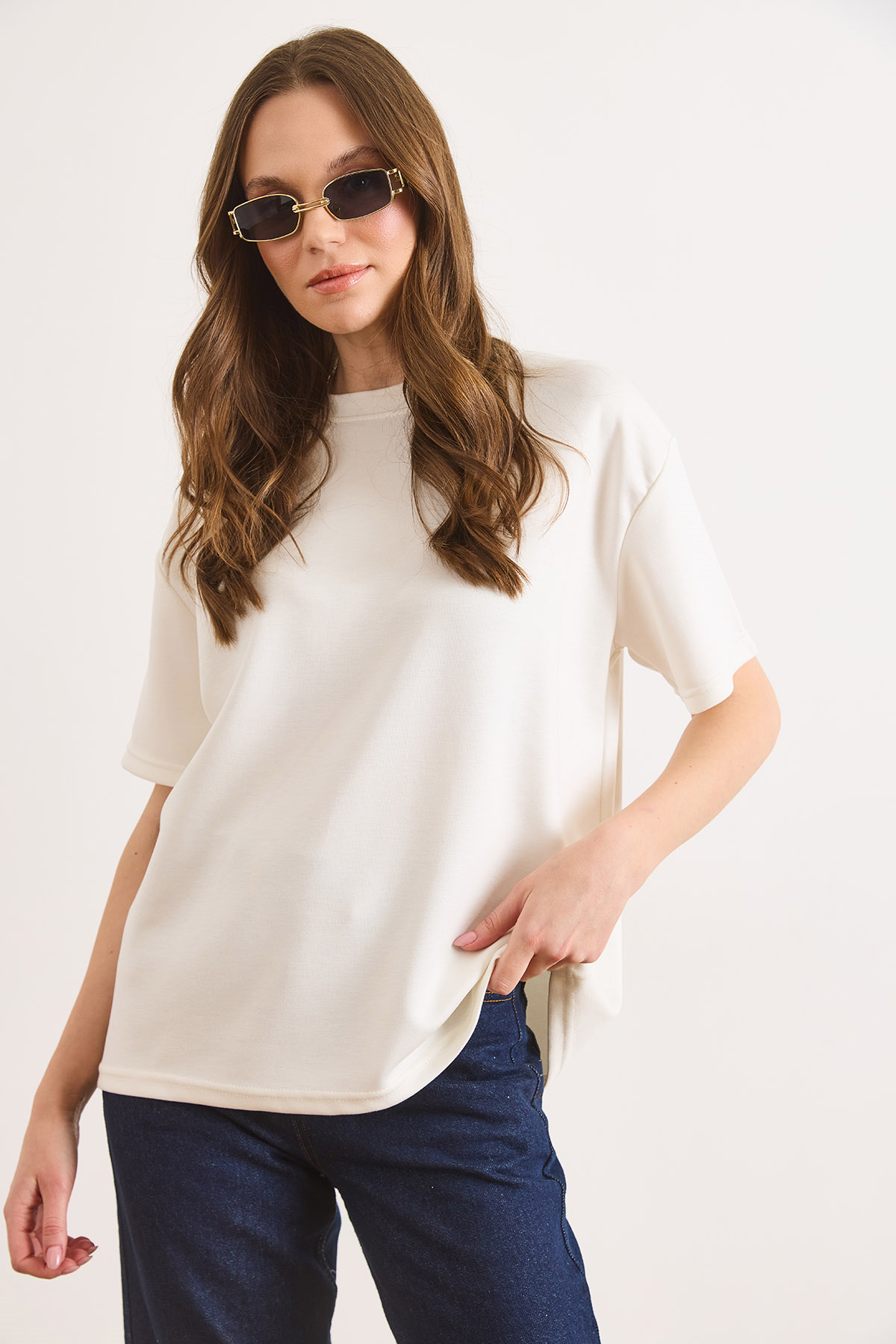 Yumuşak Dokulu Tok Loose Fit Tişört Beyaz