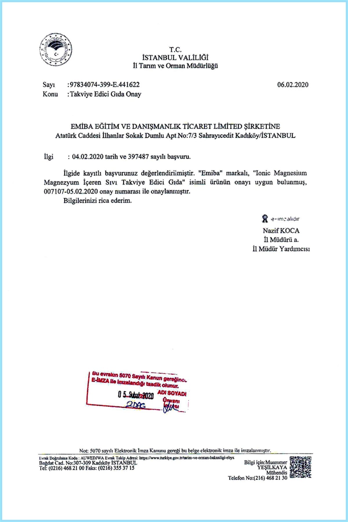 İyonik Magnezyum Onay Belgesi