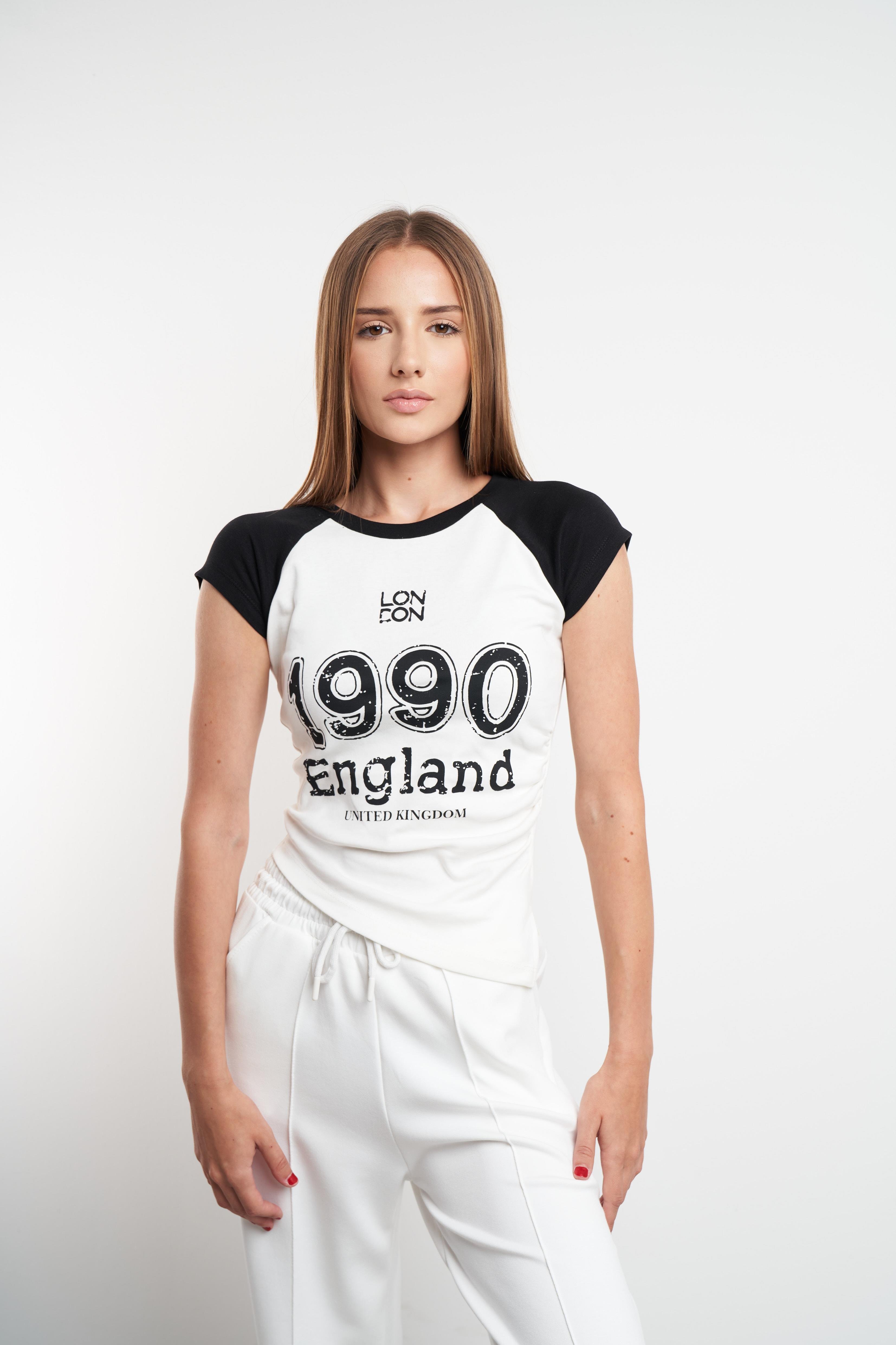 1990 England Baskılı Kısa Kol Bluz Ekru-Siyah