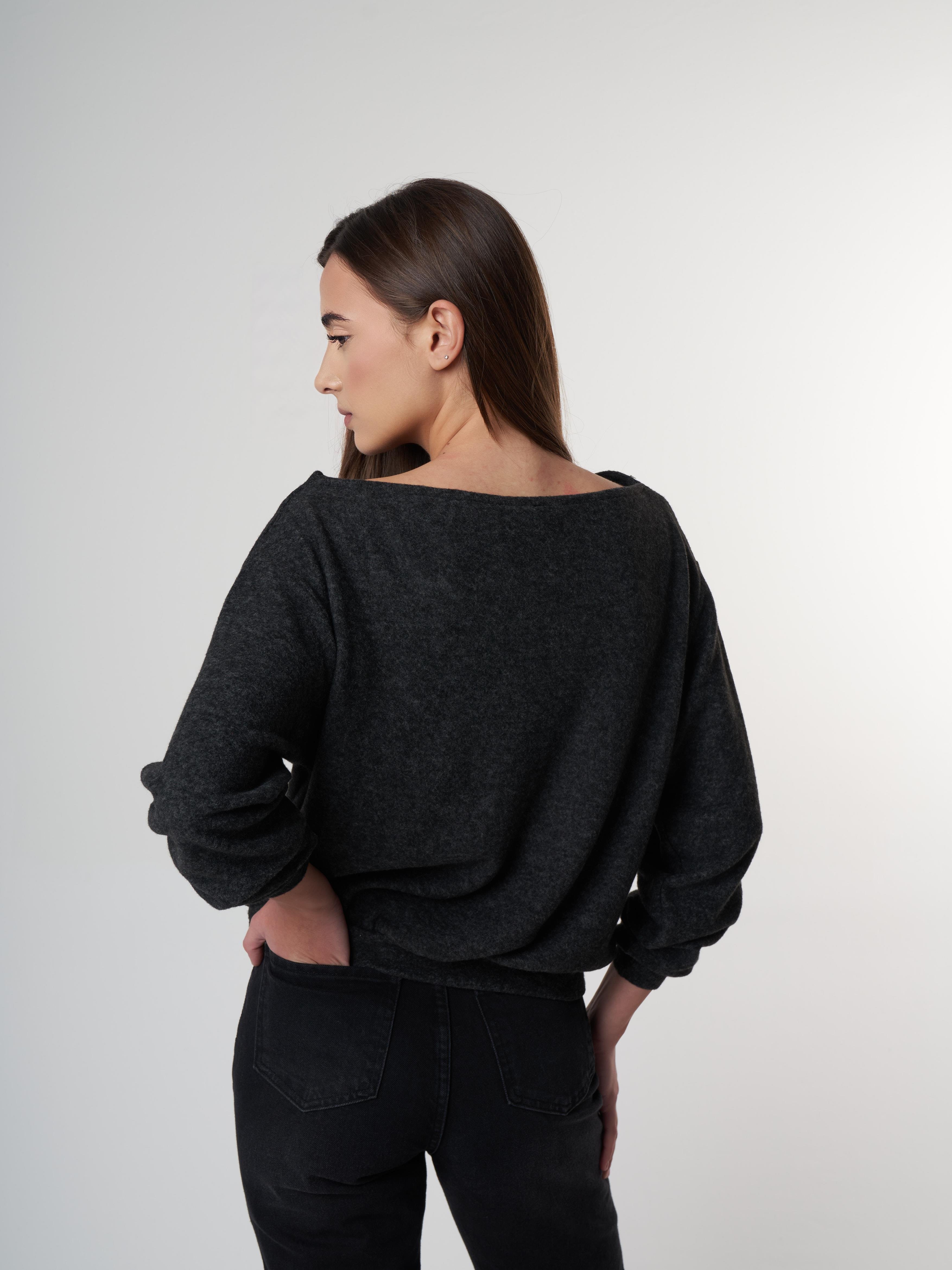 Aksesuar Detaylı Uzun Kol Kısa Bluz Antrasit Melanj