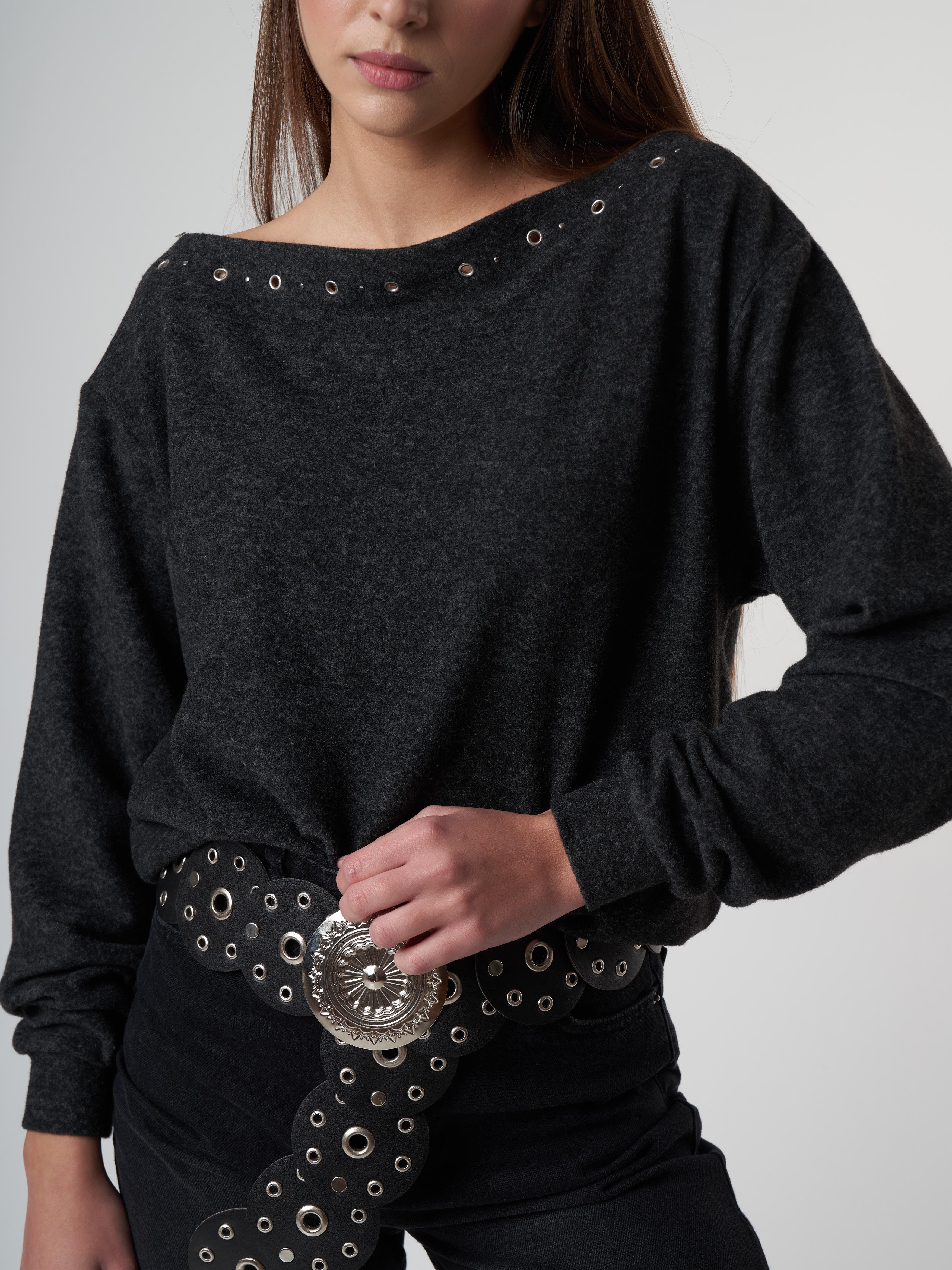 Aksesuar Detaylı Uzun Kol Kısa Bluz Antrasit Melanj