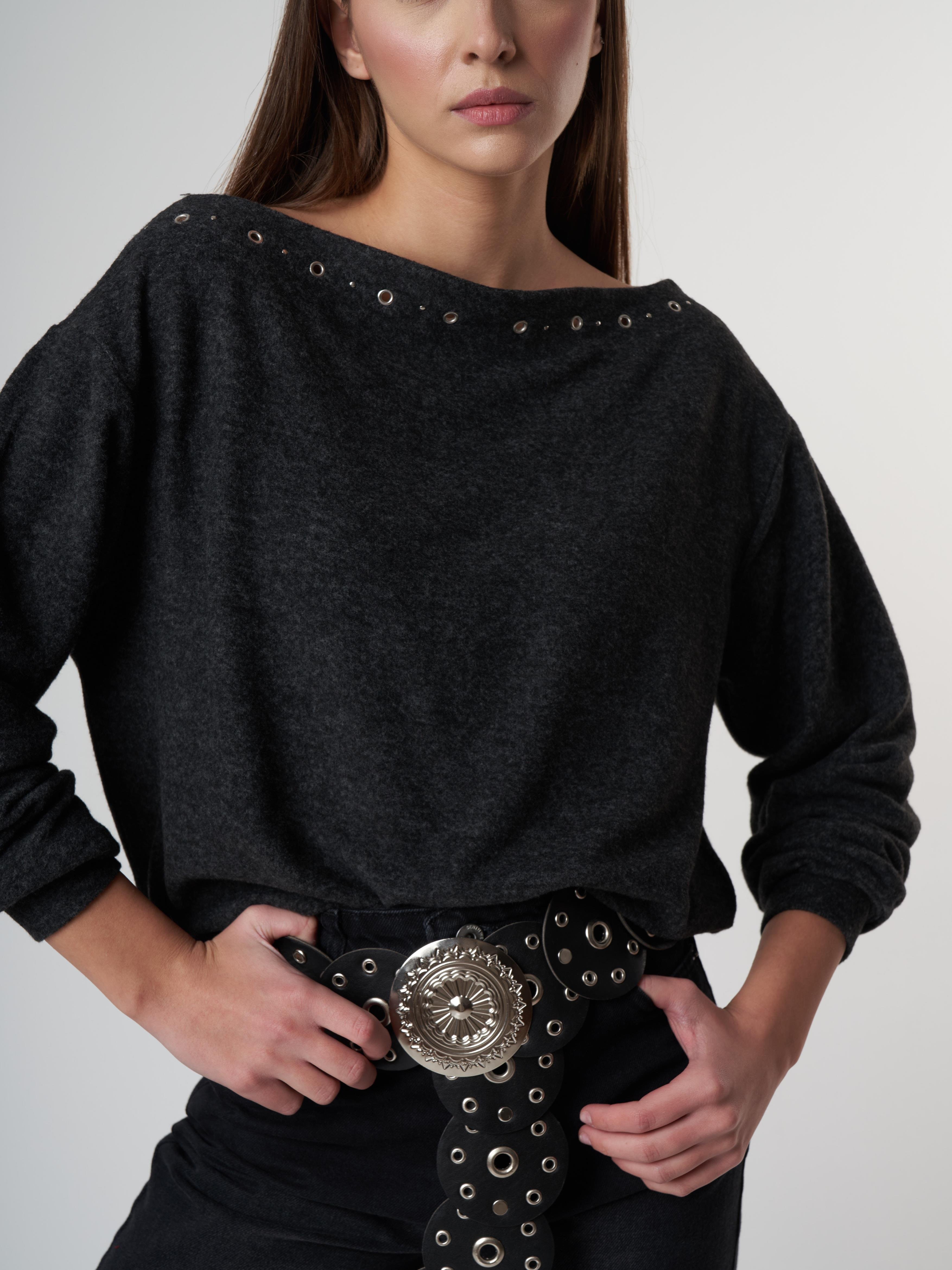 Aksesuar Detaylı Uzun Kol Kısa Bluz Antrasit Melanj