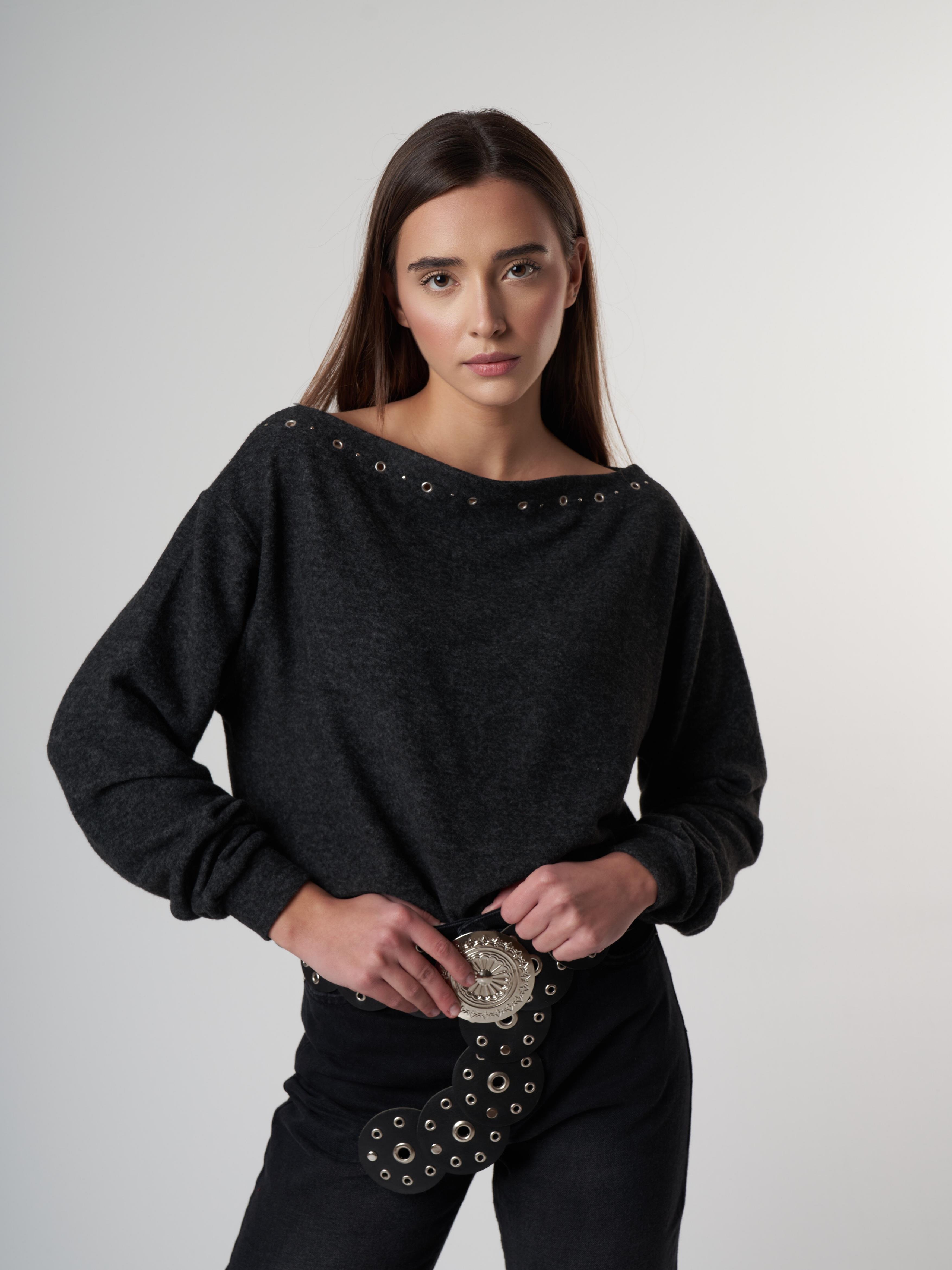 Aksesuar Detaylı Uzun Kol Kısa Bluz Antrasit Melanj