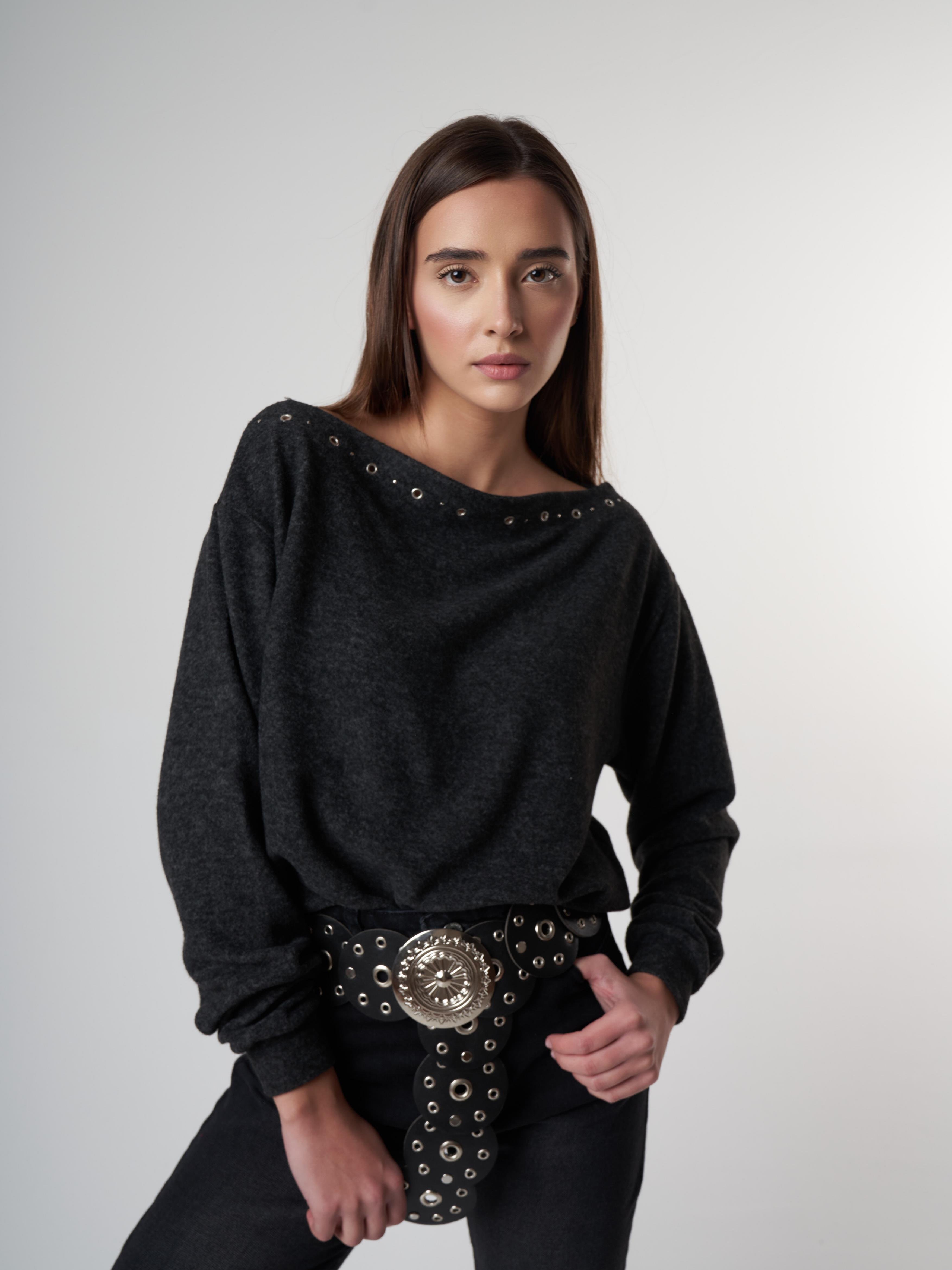 Aksesuar Detaylı Uzun Kol Kısa Bluz Antrasit Melanj