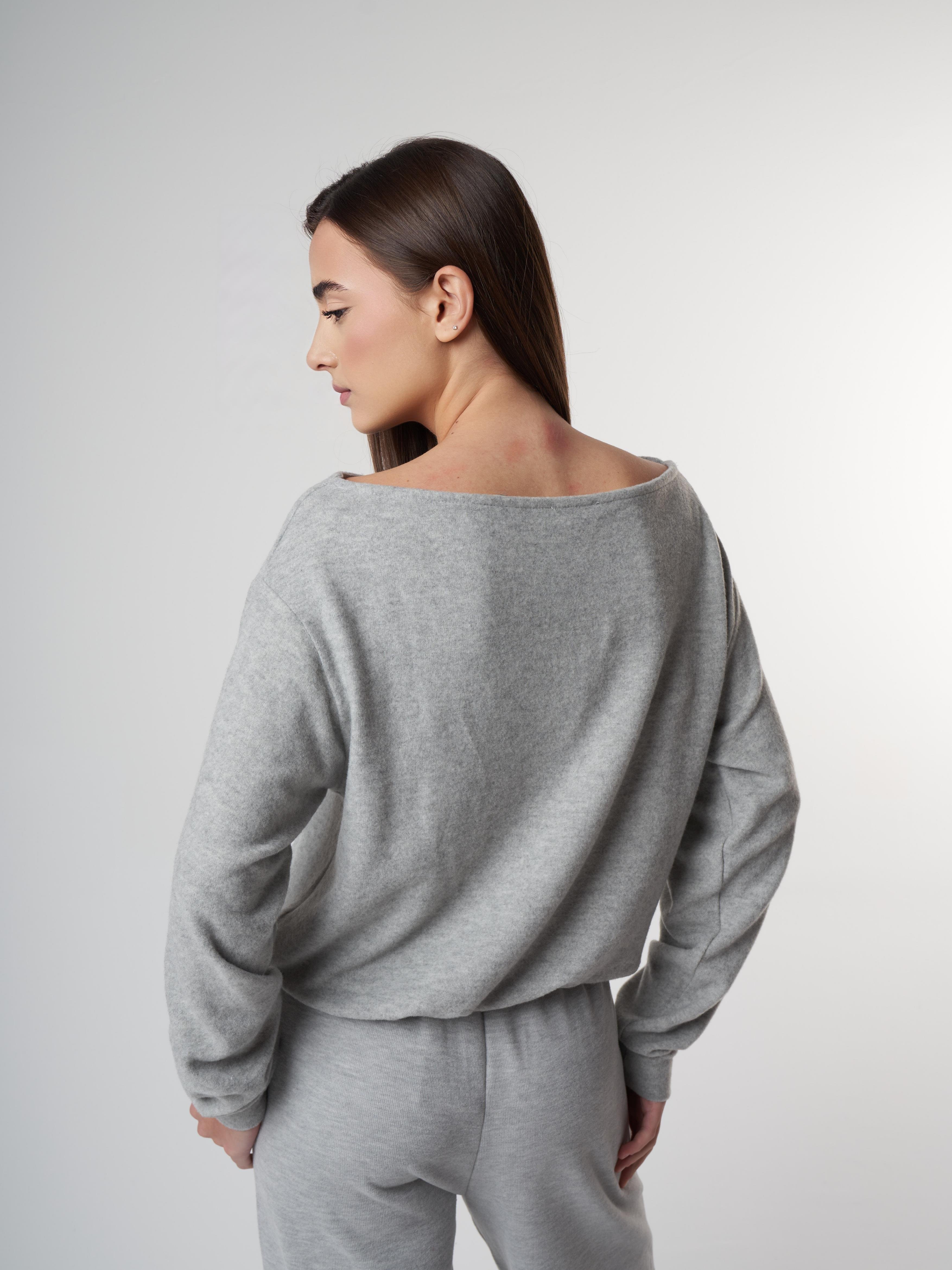 Aksesuar Detaylı Uzun Kol Kısa Bluz Gri Melanj