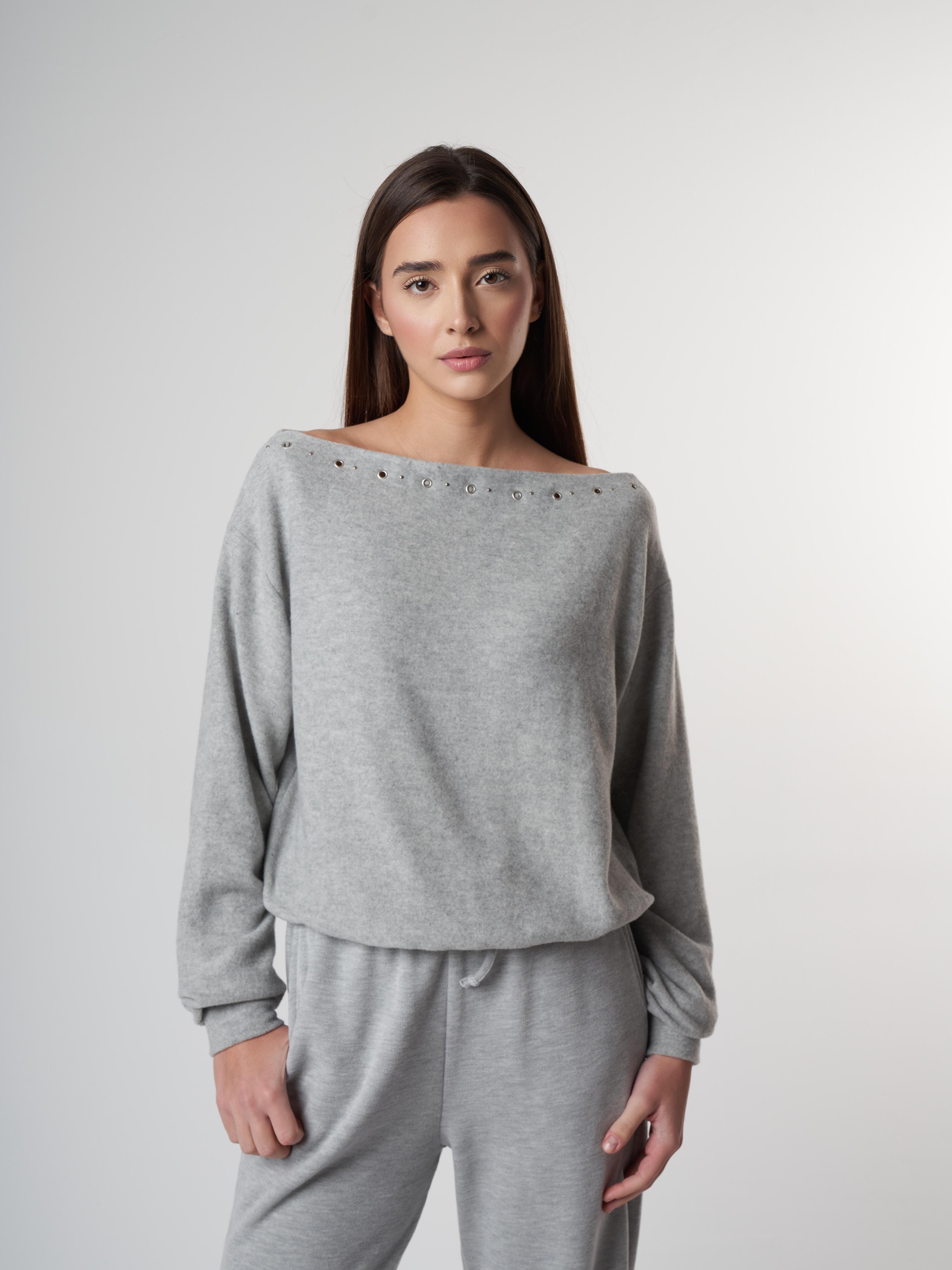 Aksesuar Detaylı Uzun Kol Kısa Bluz Gri Melanj