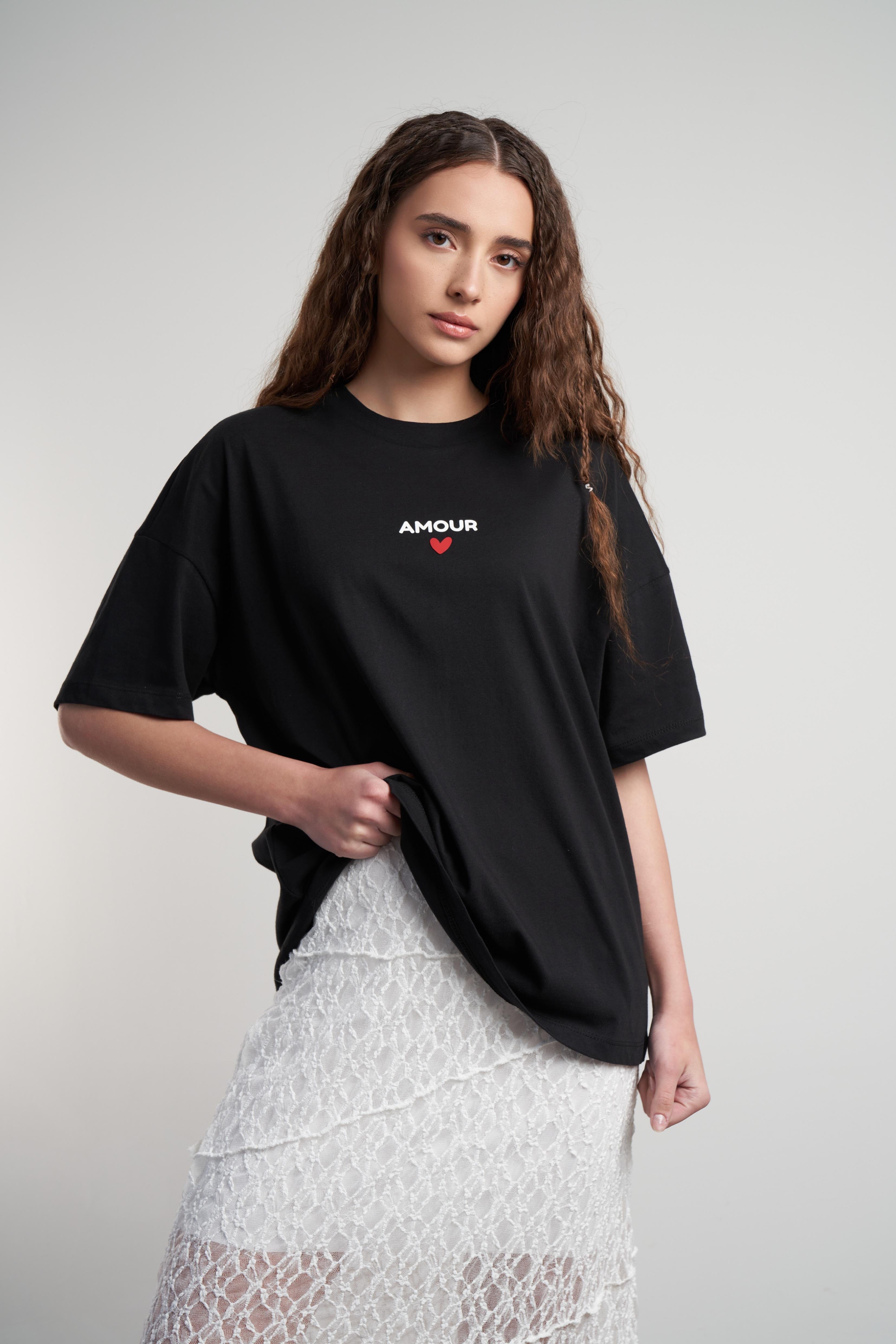 Amour Kalp Baskılı Oversize Kısa Kol T-shirt Siyah