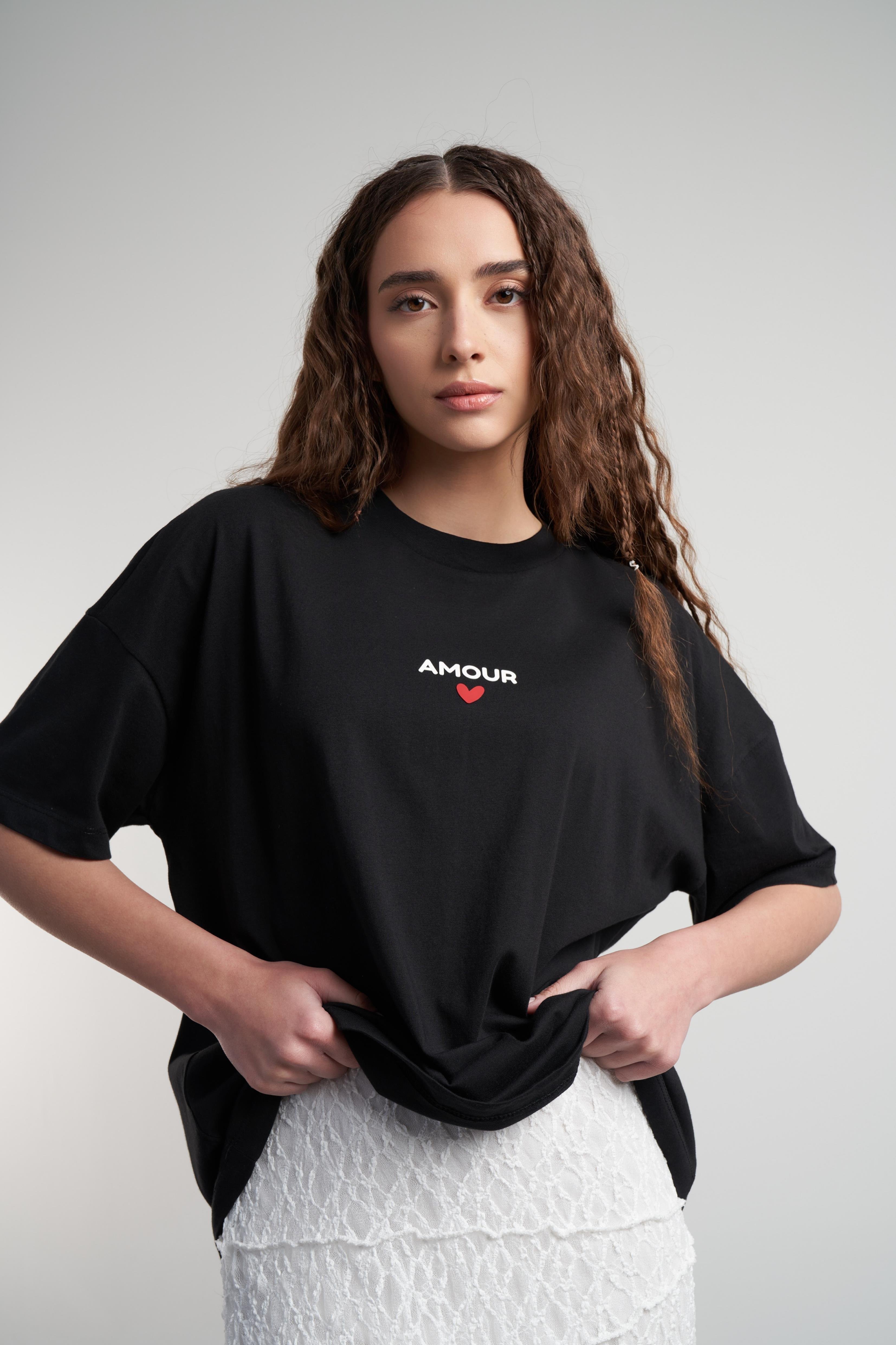 Amour Kalp Baskılı Oversize Kısa Kol T-shirt Siyah