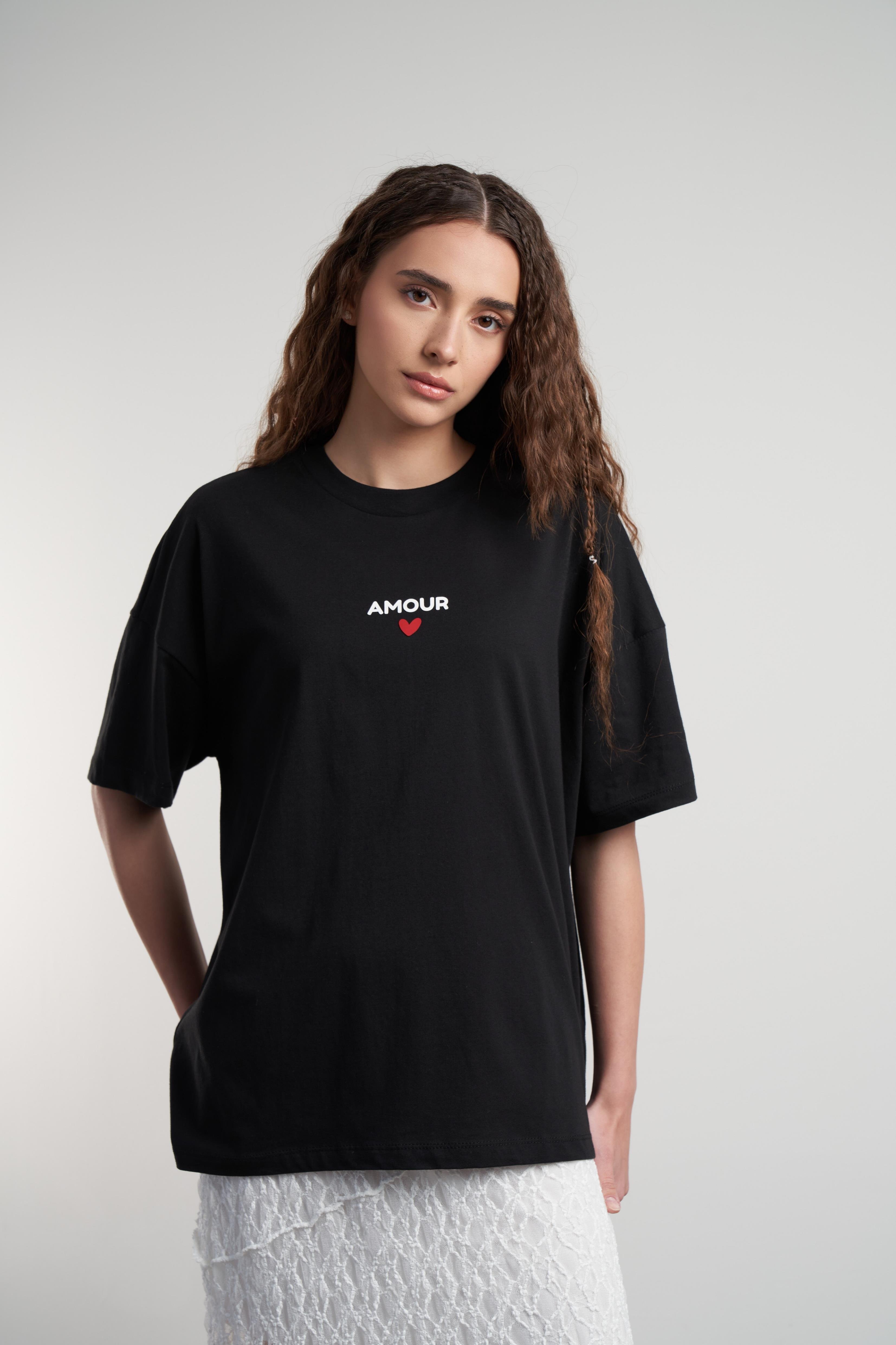 Amour Kalp Baskılı Oversize Kısa Kol T-shirt Siyah