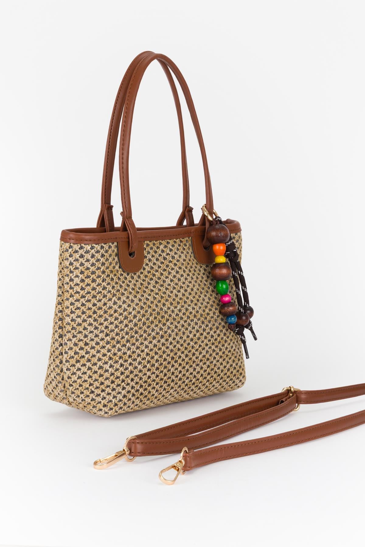 Anahtarlıklı Hasır Basic Çanta Taba