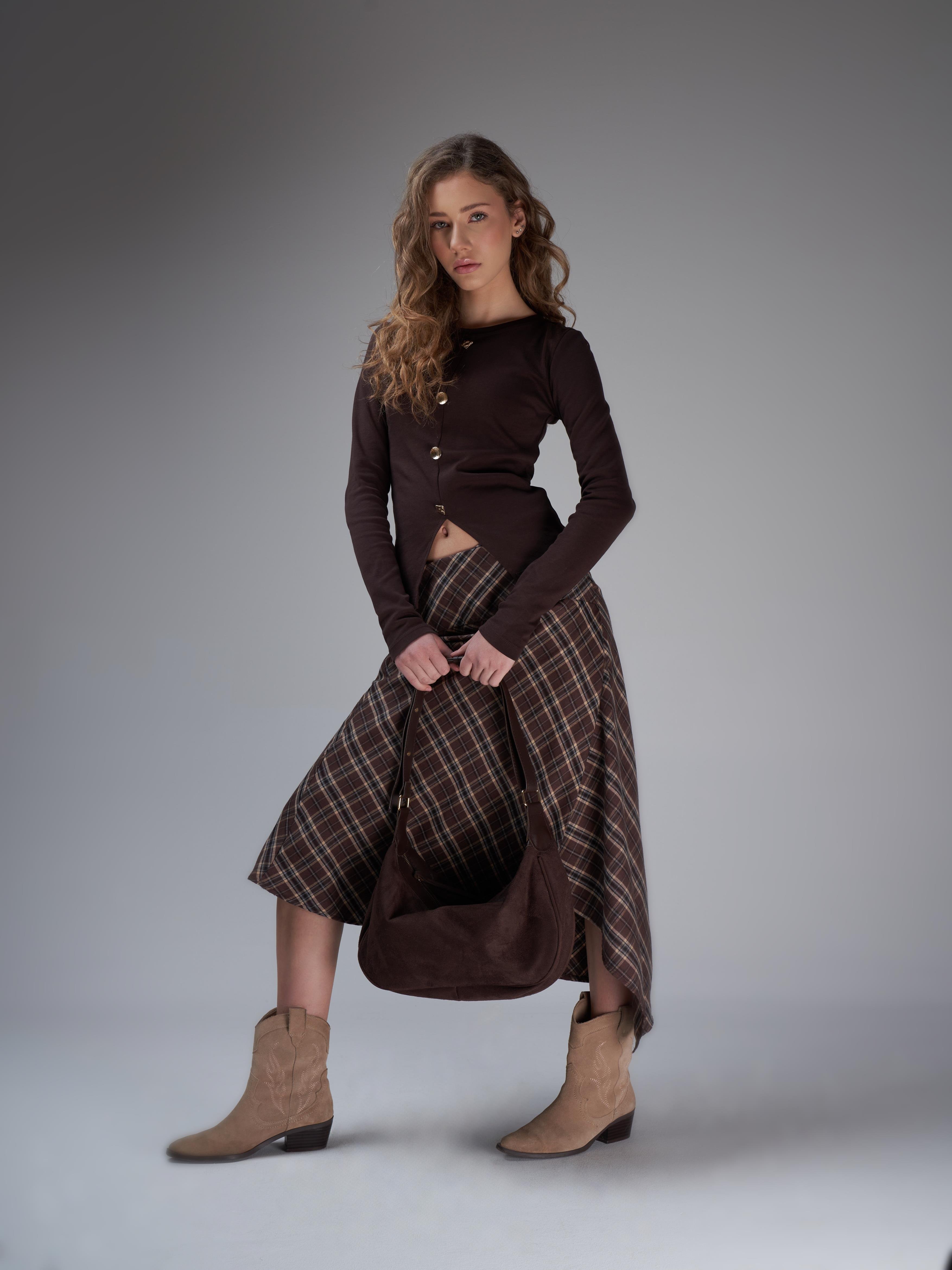 Asimetrik Kesim Ekose Uzun Etek Kahve