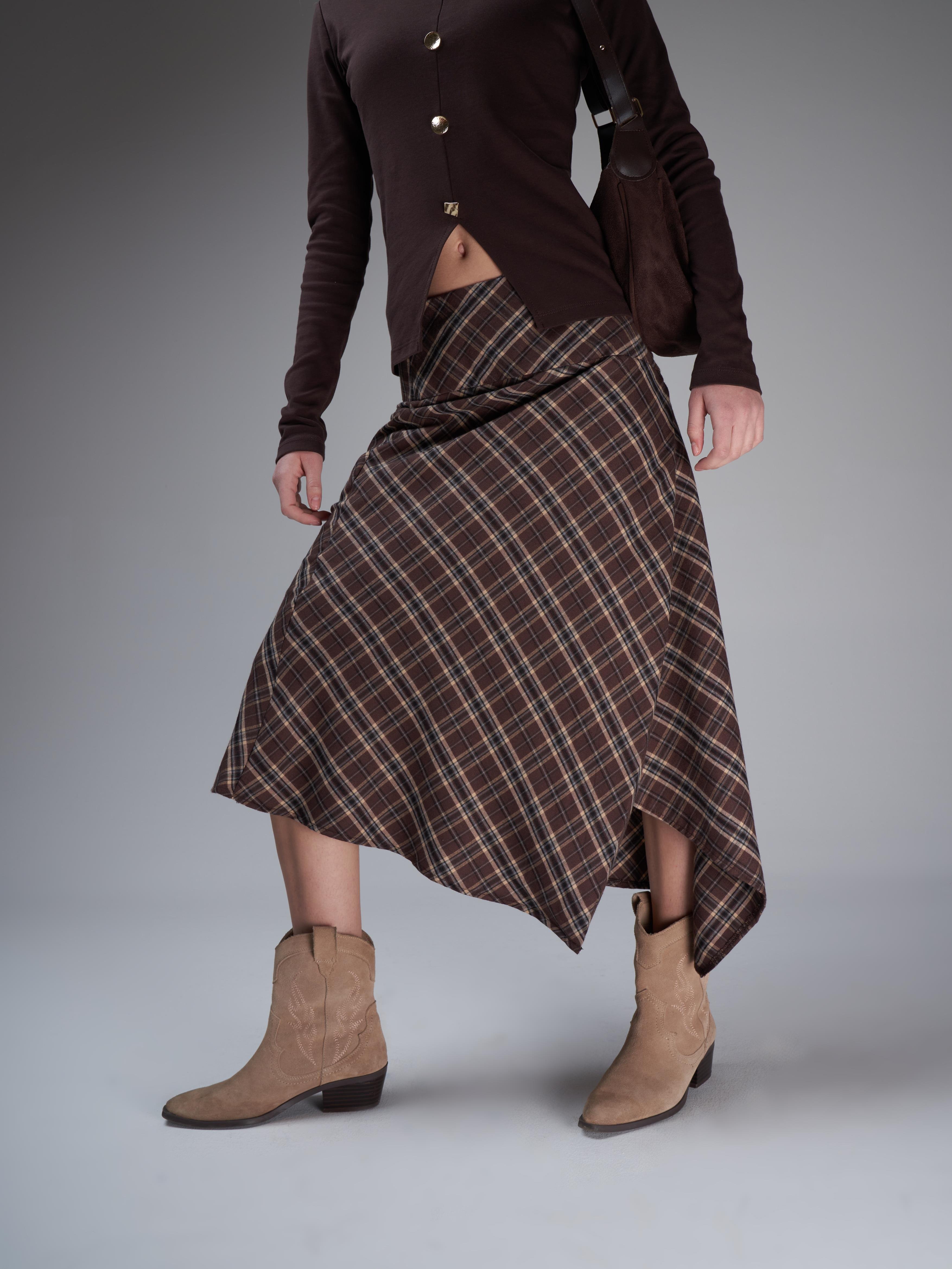 Asimetrik Kesim Ekose Uzun Etek Kahve