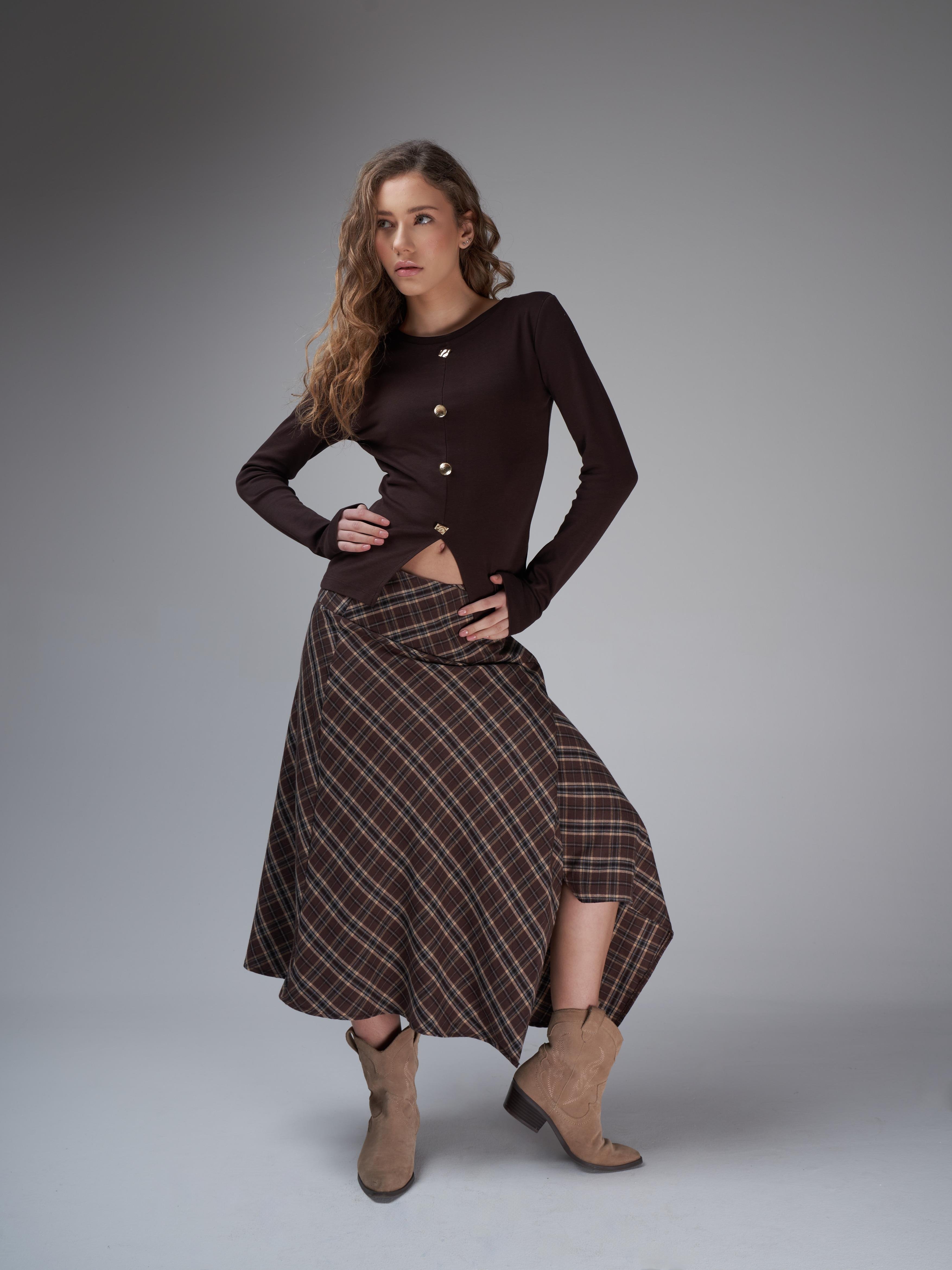 Asimetrik Kesim Ekose Uzun Etek Kahve