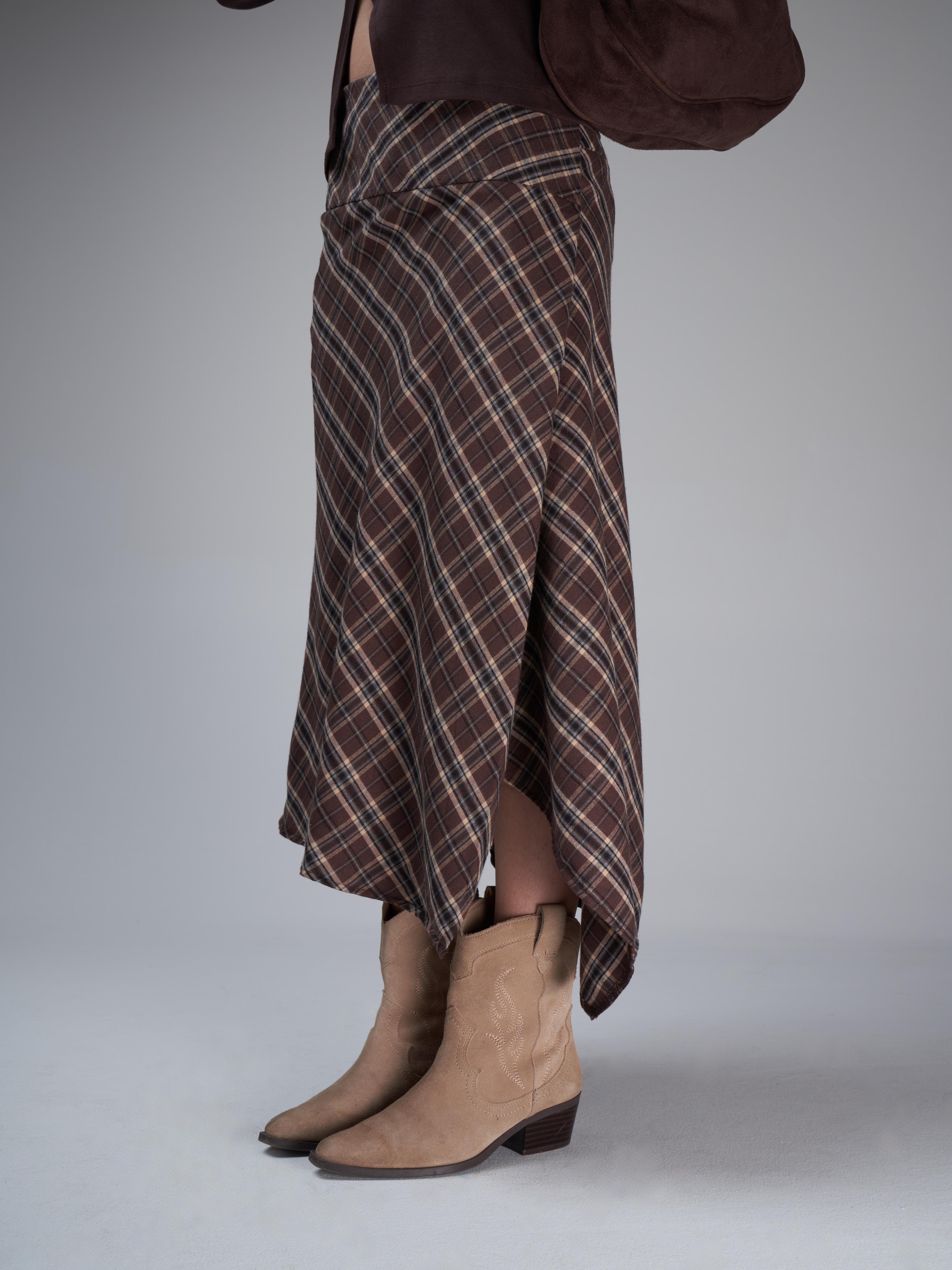 Asimetrik Kesim Ekose Uzun Etek Kahve