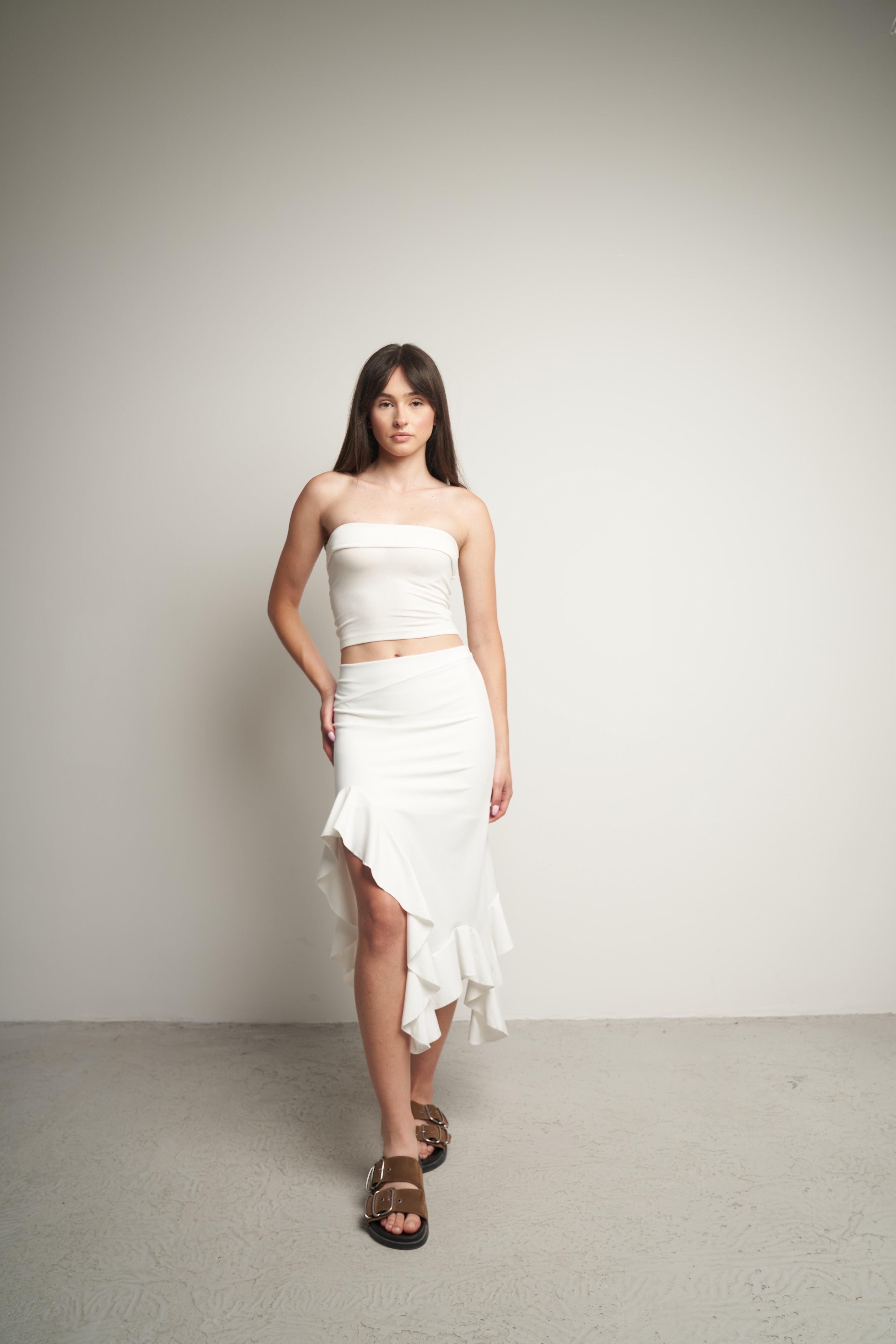 Asimetrik Kesim Fırfır Detaylı Uzun Etek Ekru