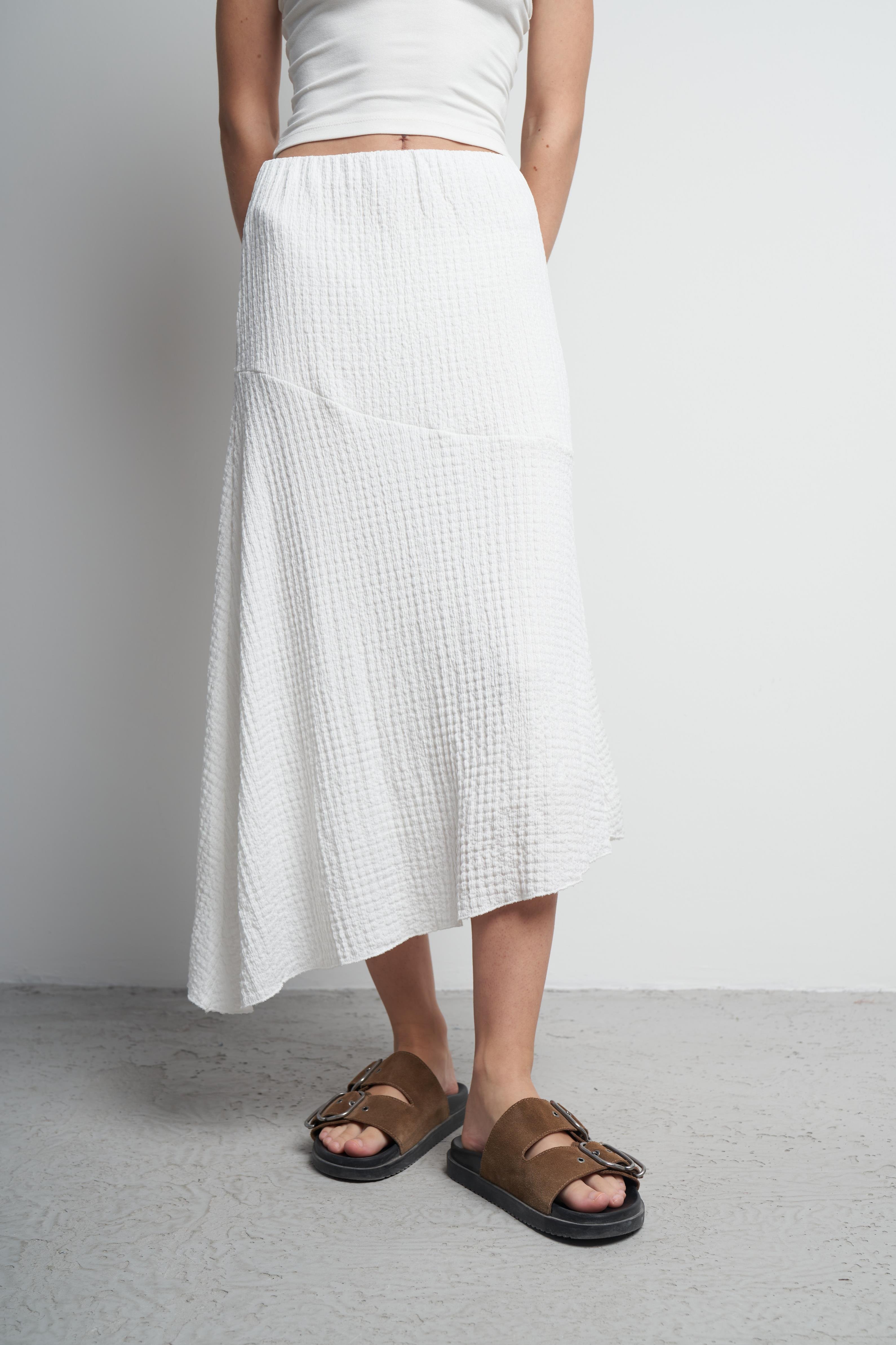 Asimetrik Kesim Rasel Uzun Etek Ekru