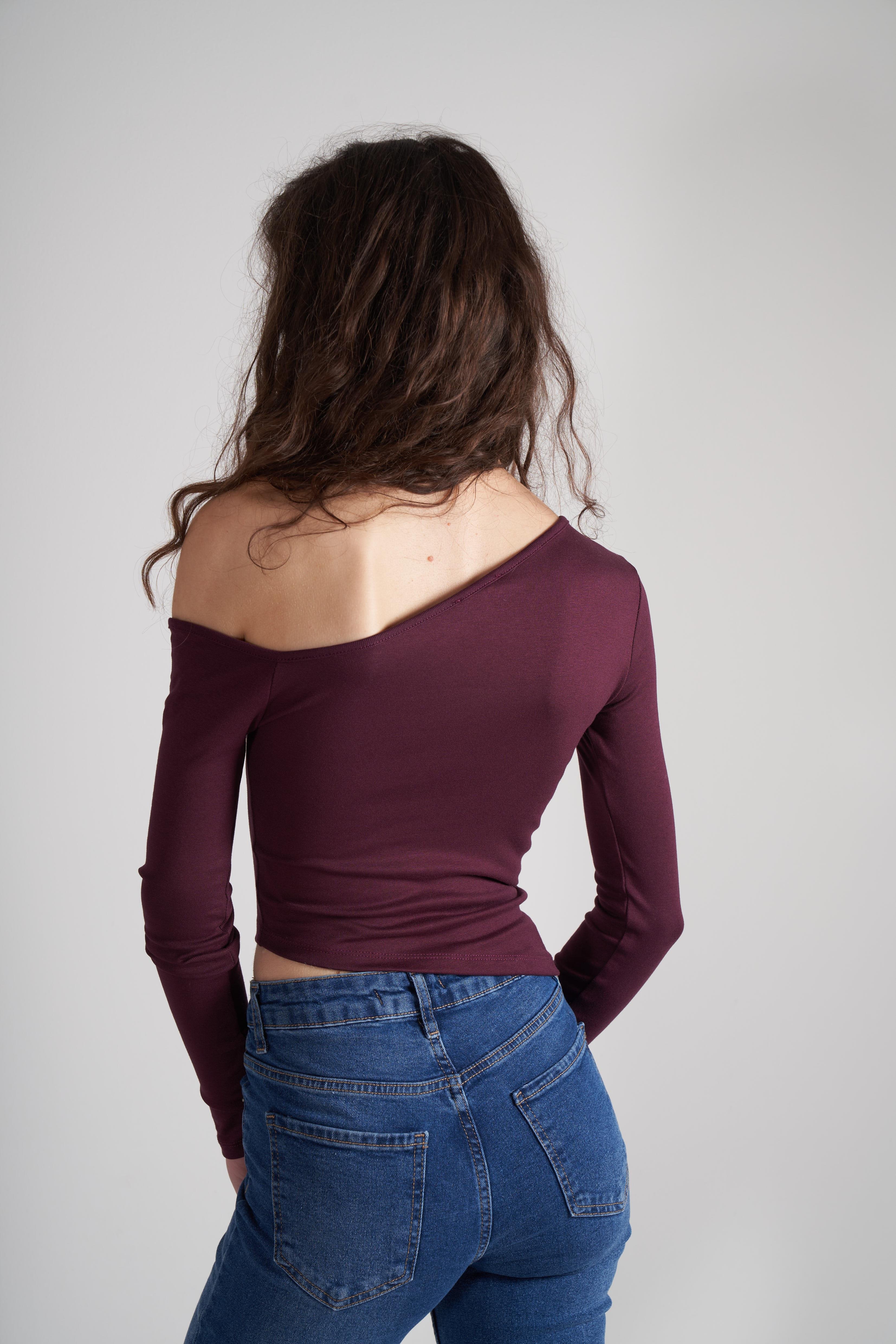 Asimetrik Kesim Uzun Kol Bluz Mürdüm