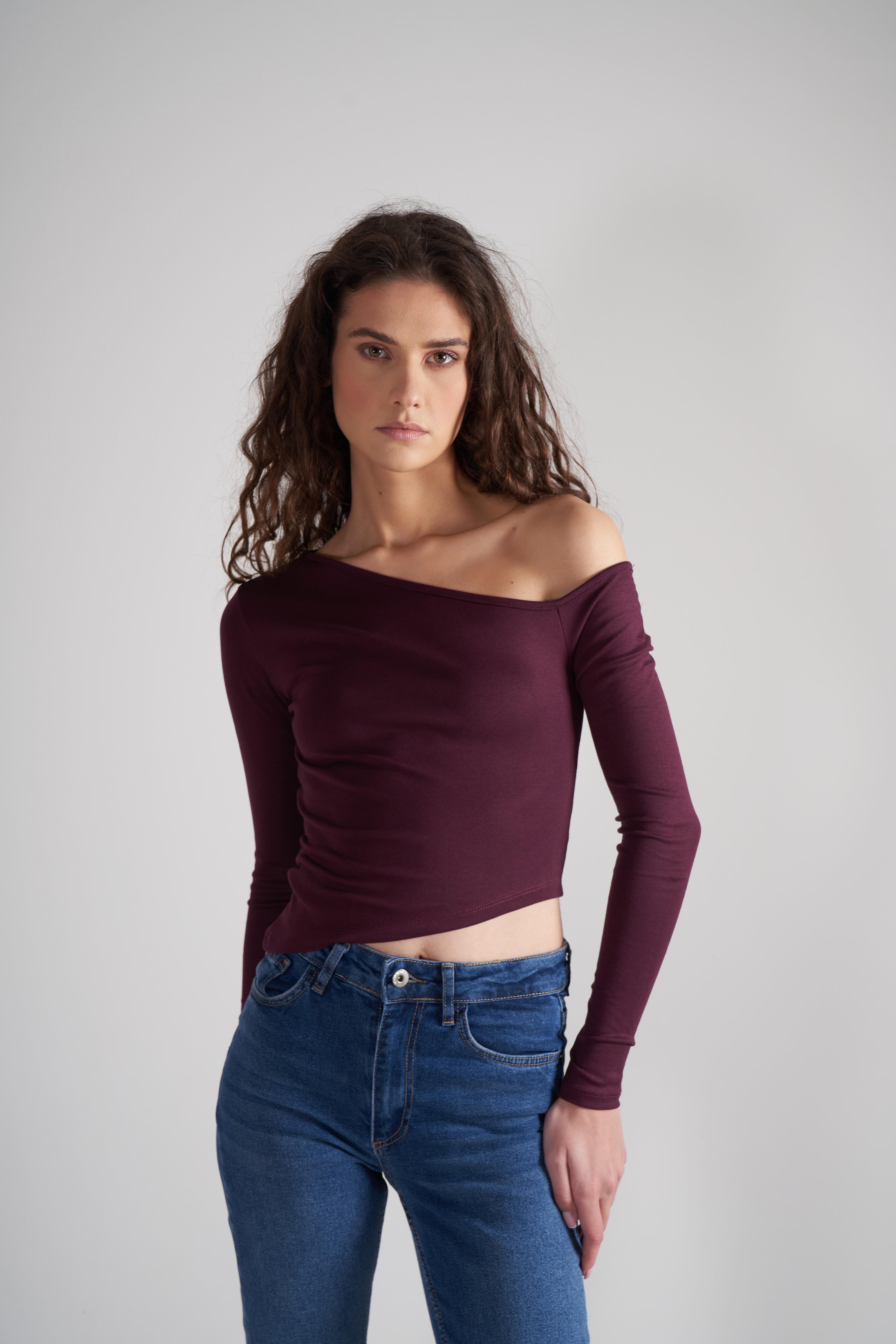 Asimetrik Kesim Uzun Kol Bluz Mürdüm